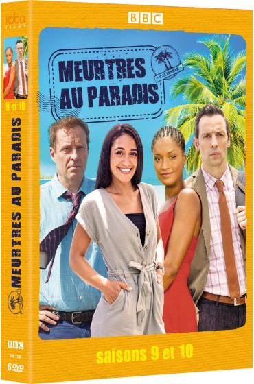 Couverture DVD. Personnes devant scène tropicale. Titre : Meurtres au Paradis, saisons 9 et 10.