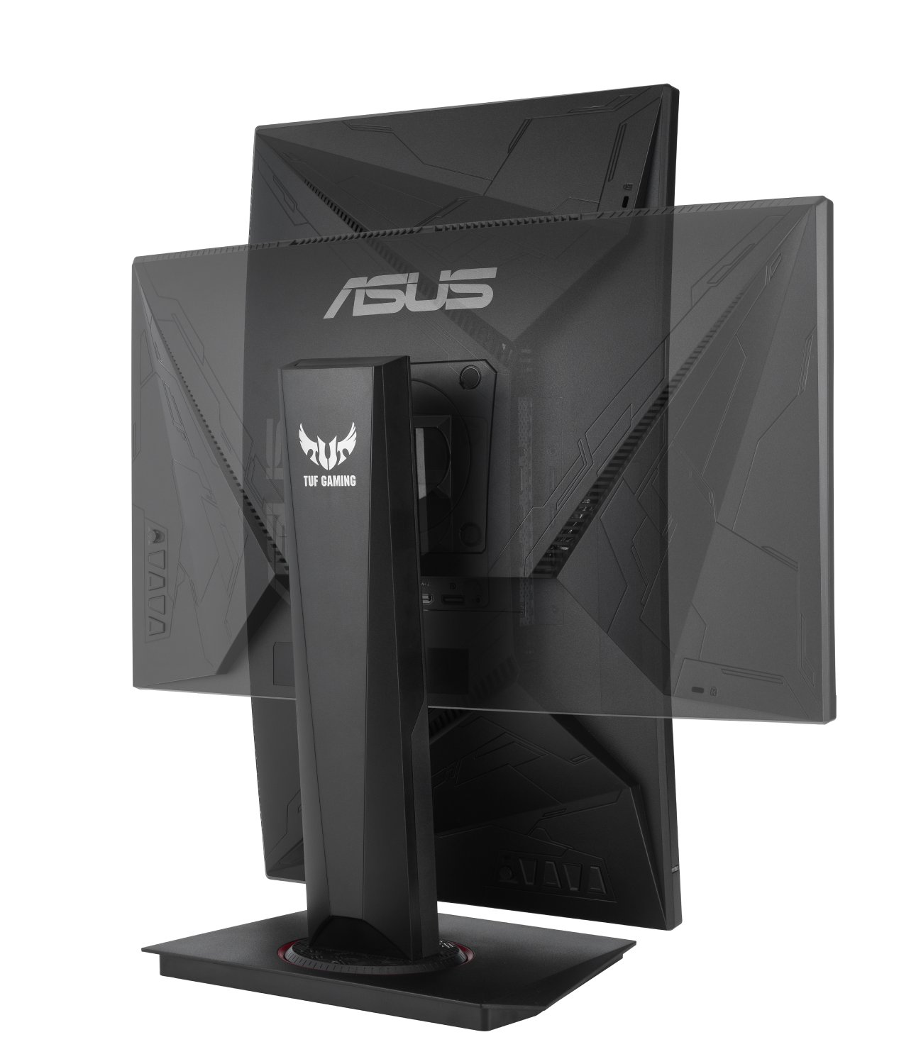Vista trasera de un monitor de computadora negro con el logotipo de Asus TUF. El soporte es visible.