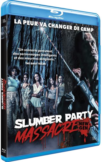 Couverture Blu-ray de Slumber Party Massacre. Des femmes avec des armes, un homme avec un fusil. Fond de forêt, thème horreur.