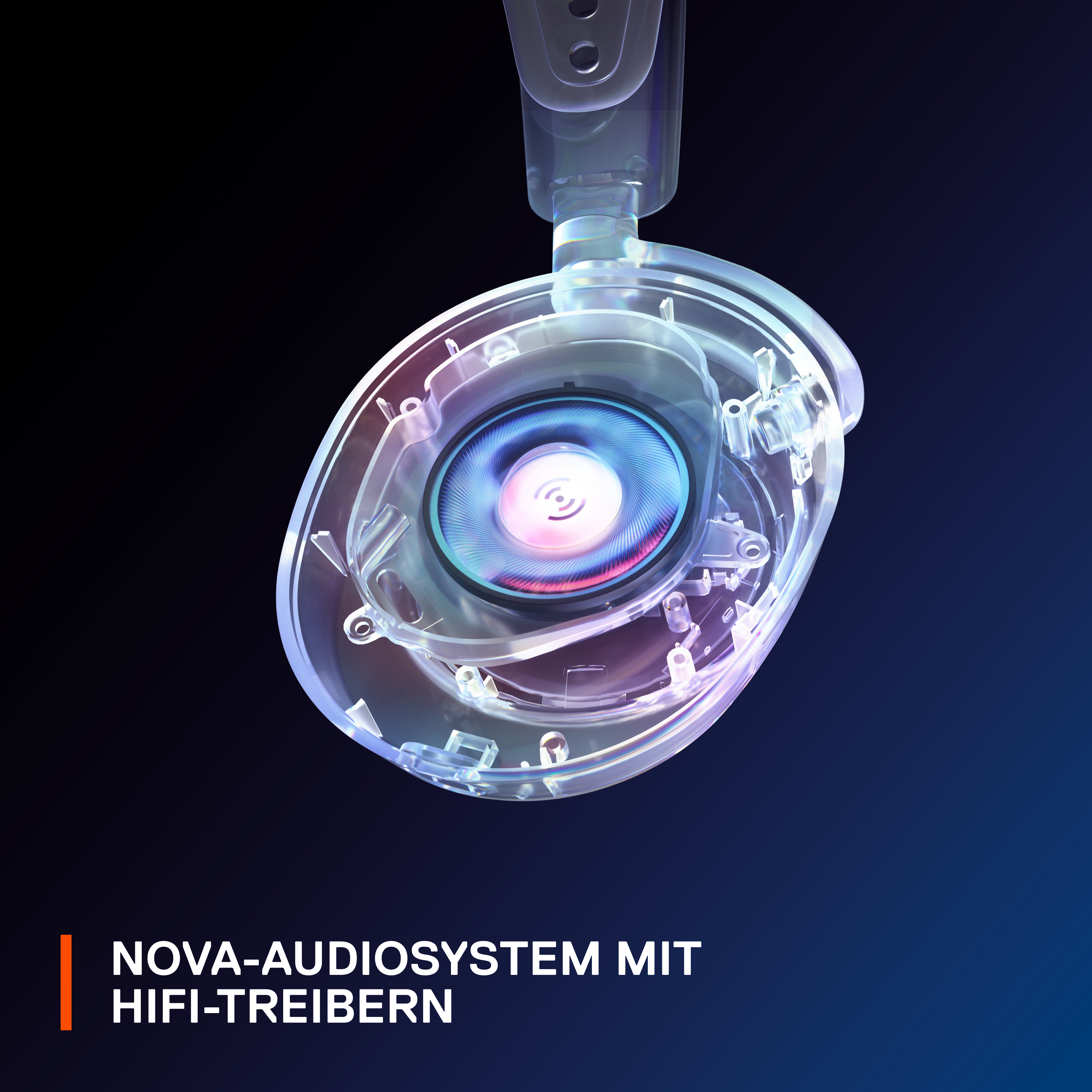 Kopfhörer mit transparentem Gehäuse, die die inneren Komponenten zeigen.