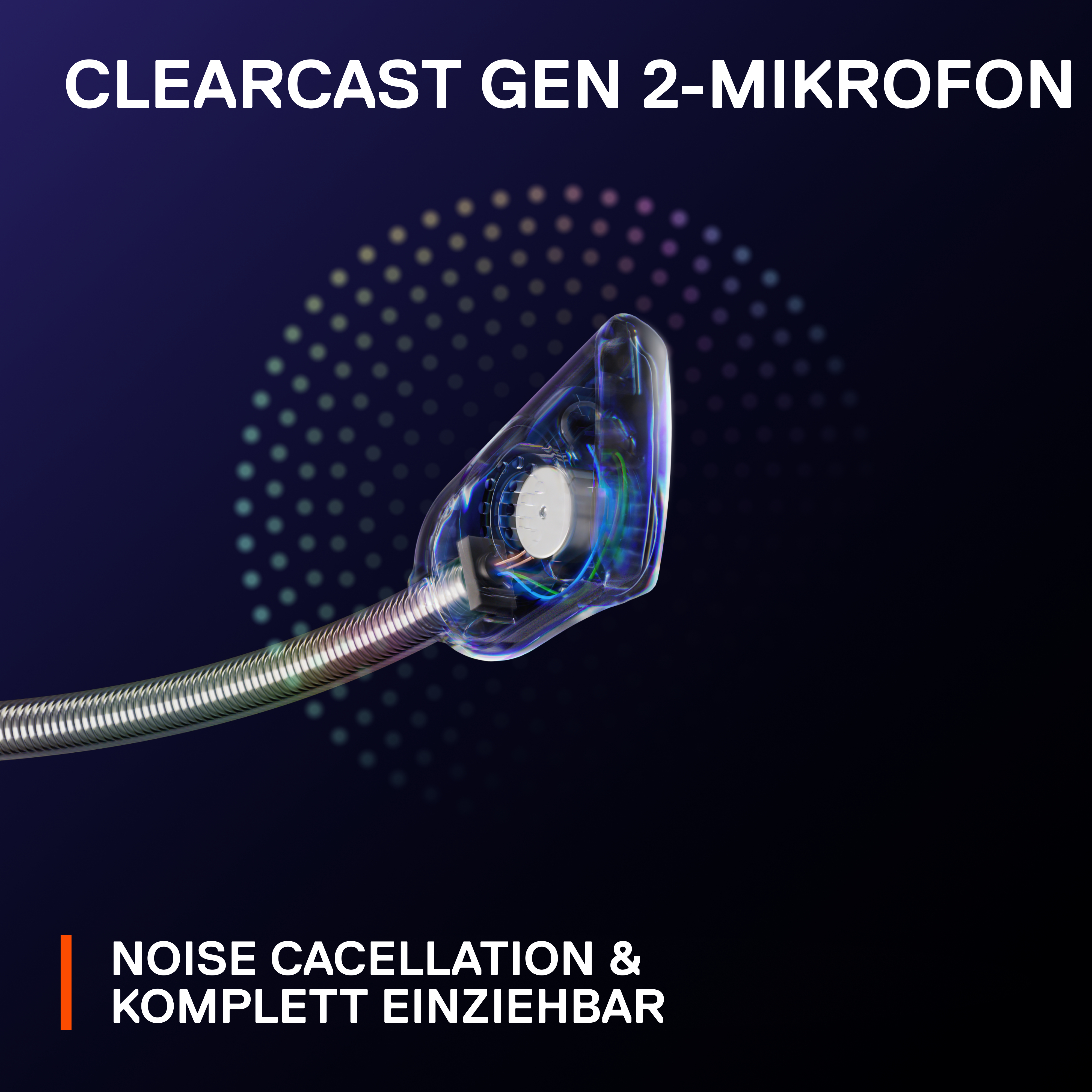 Ein transparentes Mikrofon mit Kabel vor blauem Hintergrund mit deutschem Text.