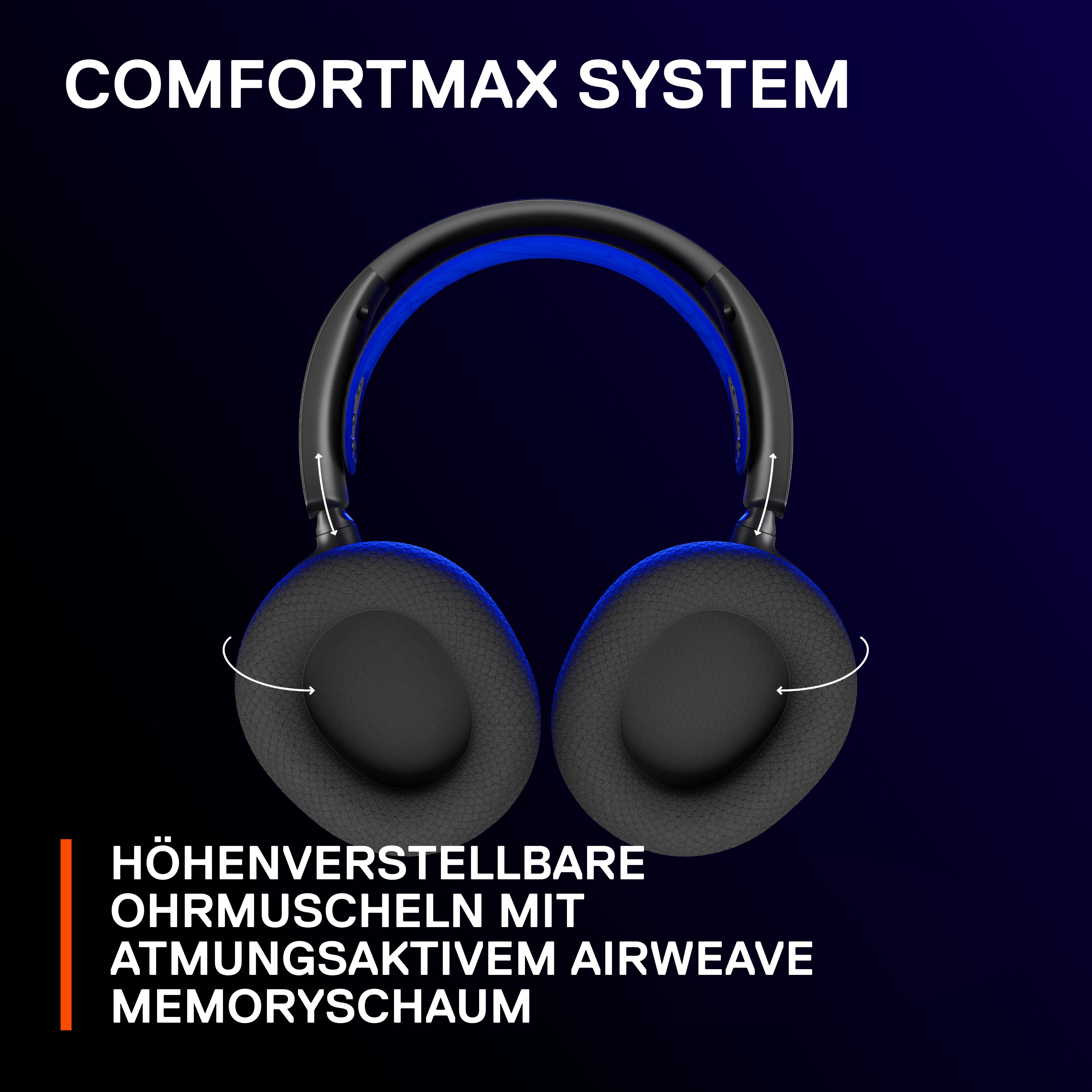 Paar schwarze und blaue Kopfhörer. Der Text "COMFORTMAX SYSTEM" steht oben.