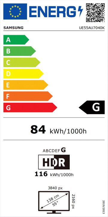 Energy label for a Samsung TV. Displays energy efficiency class G, 84 kWh/1000h. Includes HDR, dimensions and resolution details.
