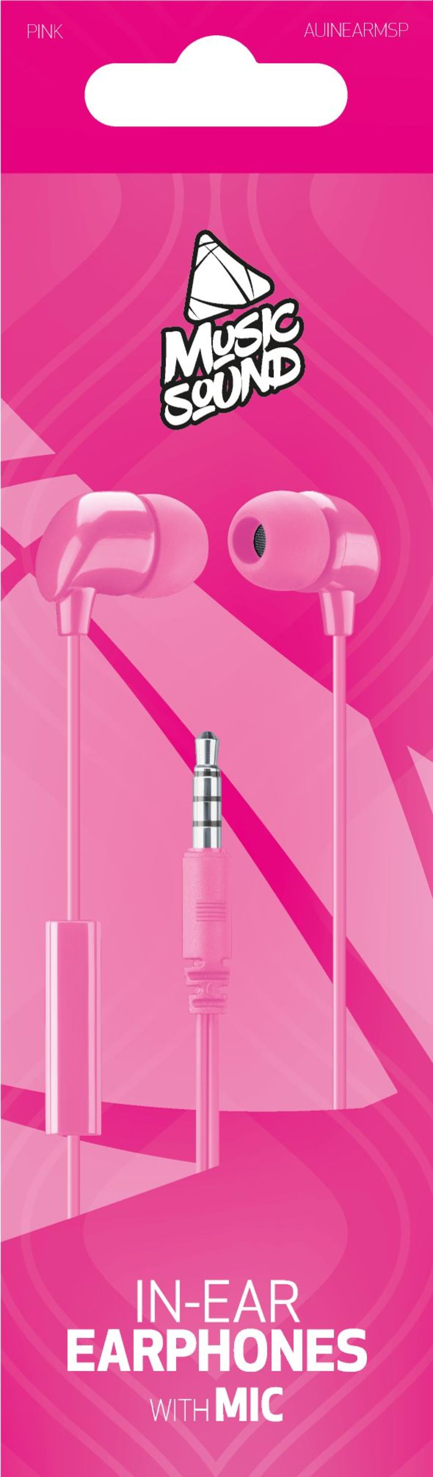 Pembe mikrofonlu kulak içi kulaklıklar, pembe ve beyaz blister ambalajda.