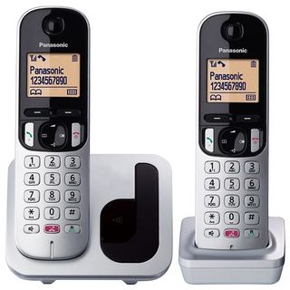 Teléfono - Panasonic KX-TGC250SP, Dúo, Inalámbrico, 1.6", 50 contactos, Bloqueo llamada, Manos libres, Modo ECO, Hasta 18h, Plata