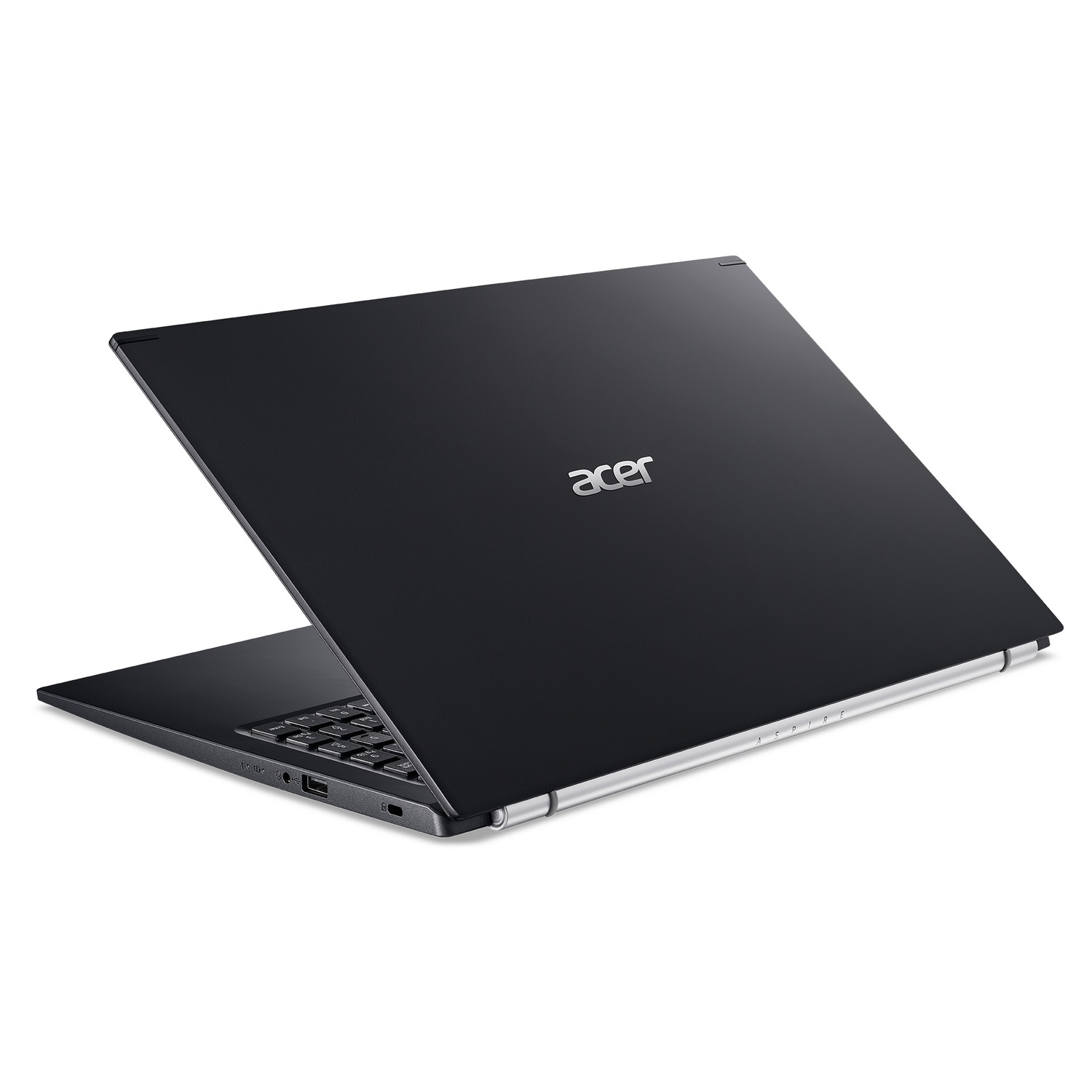 Un portátil Acer negro se muestra en ángulo con la tapa abierta. La pantalla está al revés.