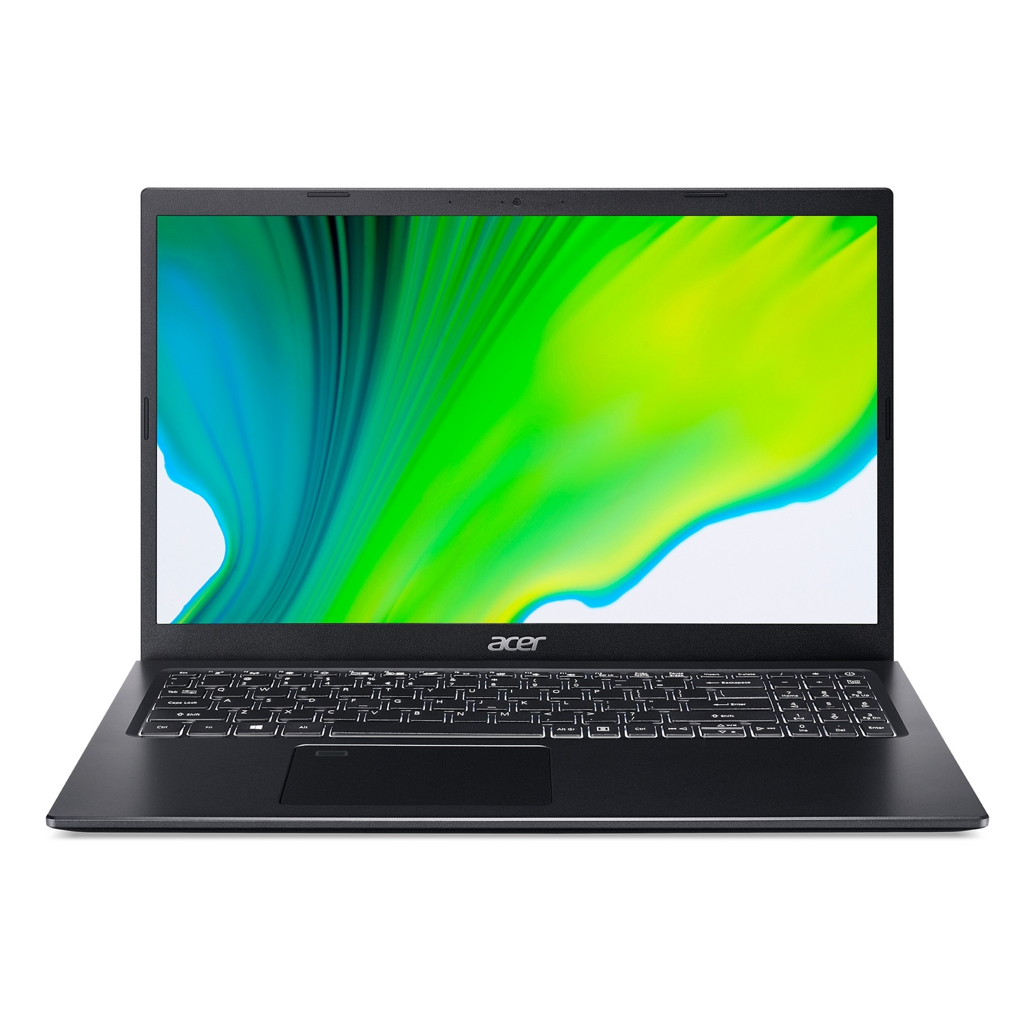 Un portátil negro con pantalla verde y amarilla, sobre una superficie blanca.