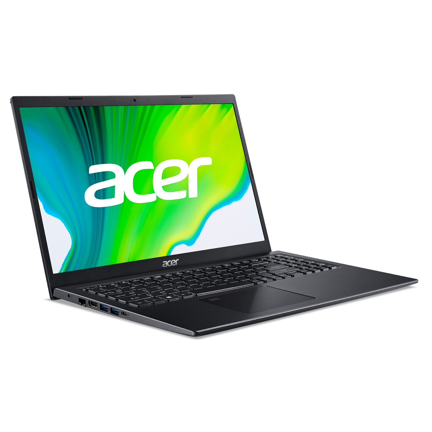 Ordenador portátil negro, abierto sobre fondo blanco, con el logo de Acer visible en la pantalla.