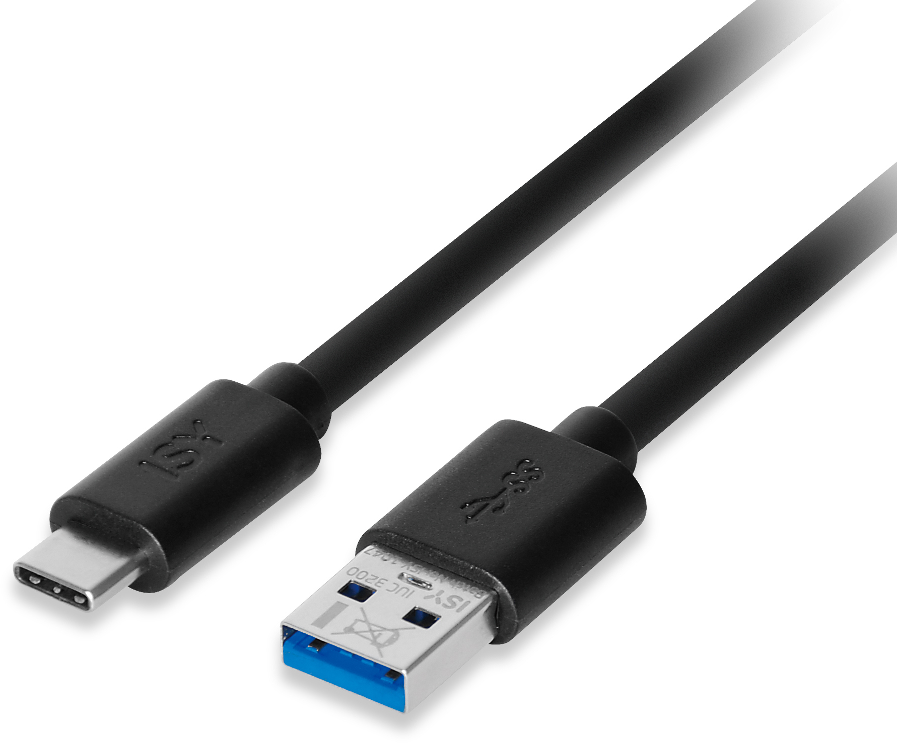 Schwarzes USB-Kabel mit einem USB-C-Anschluss an einem Ende und einem USB 3.2-Anschluss am anderen.