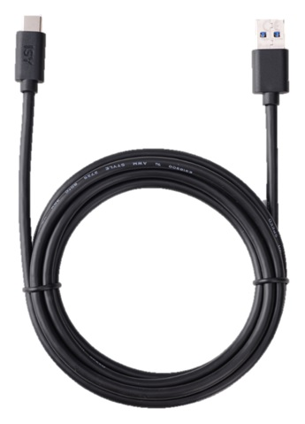 Ein schwarzes USB-Kabel mit einem USB-C- und einem USB-3.0-Anschluss.