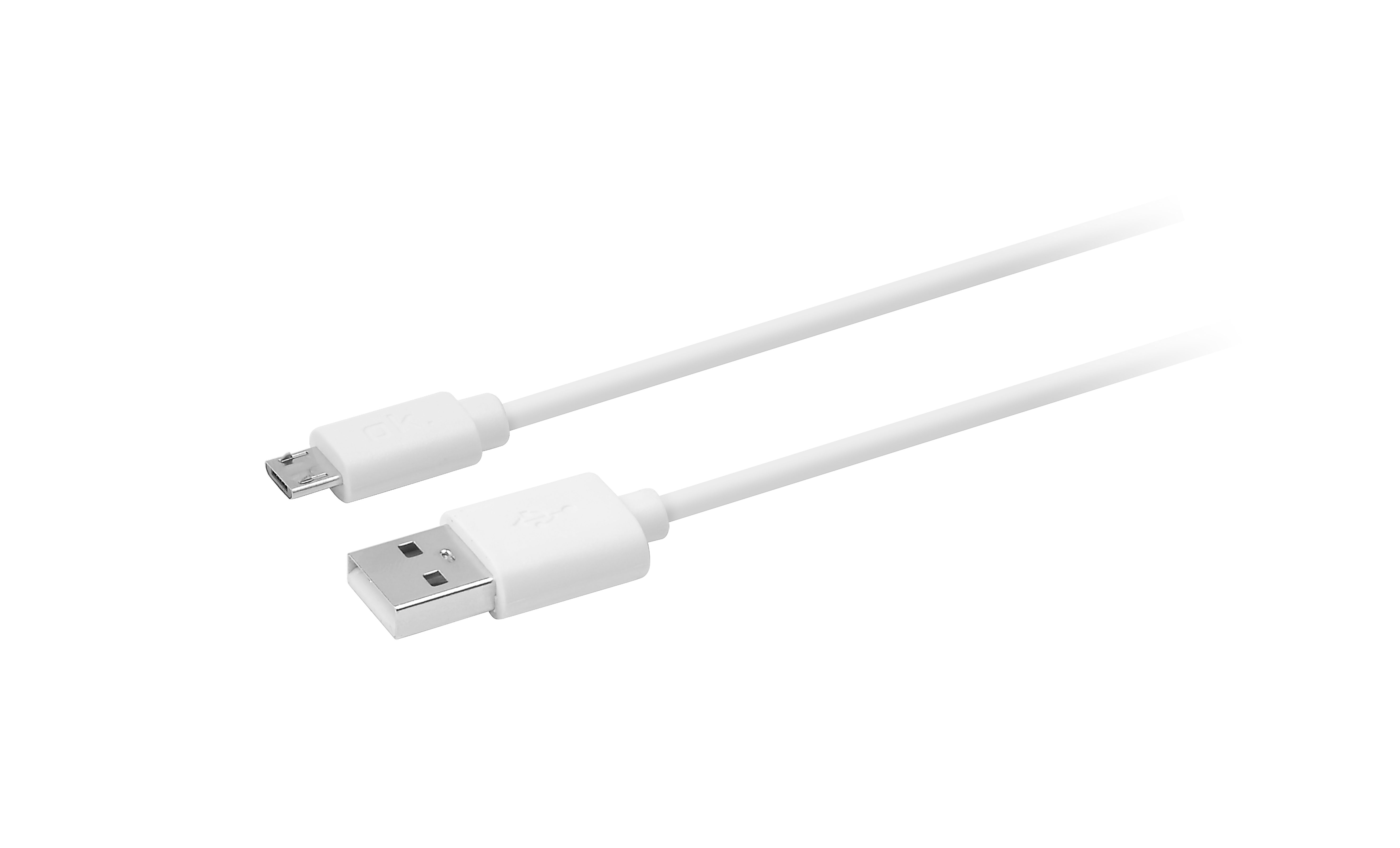 Weißes USB-zu-Micro-USB-Kabel, das auf einer weißen Oberfläche liegt und nach links abgewinkelt ist.