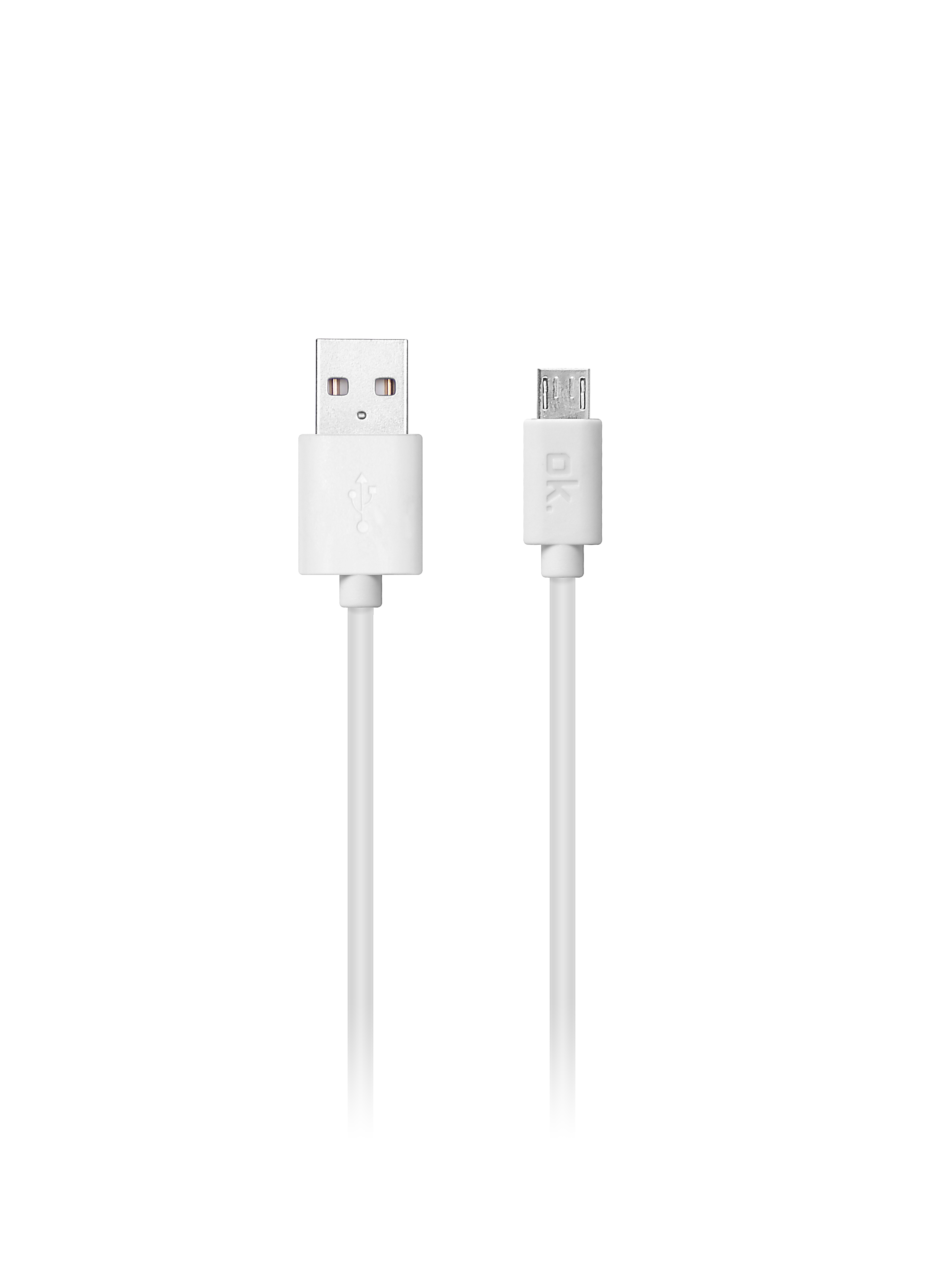 Weißes USB-zu-Micro-USB-Kabel, isoliert auf weißem Hintergrund.