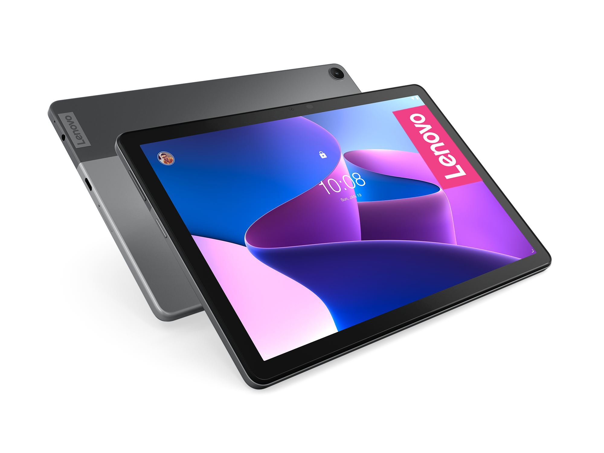 Lenovo Tablet, graue Rückseite mit Lenovo Logo, und der Bildschirm zeigt einen Sperrbildschirm mit der Uhrzeit.