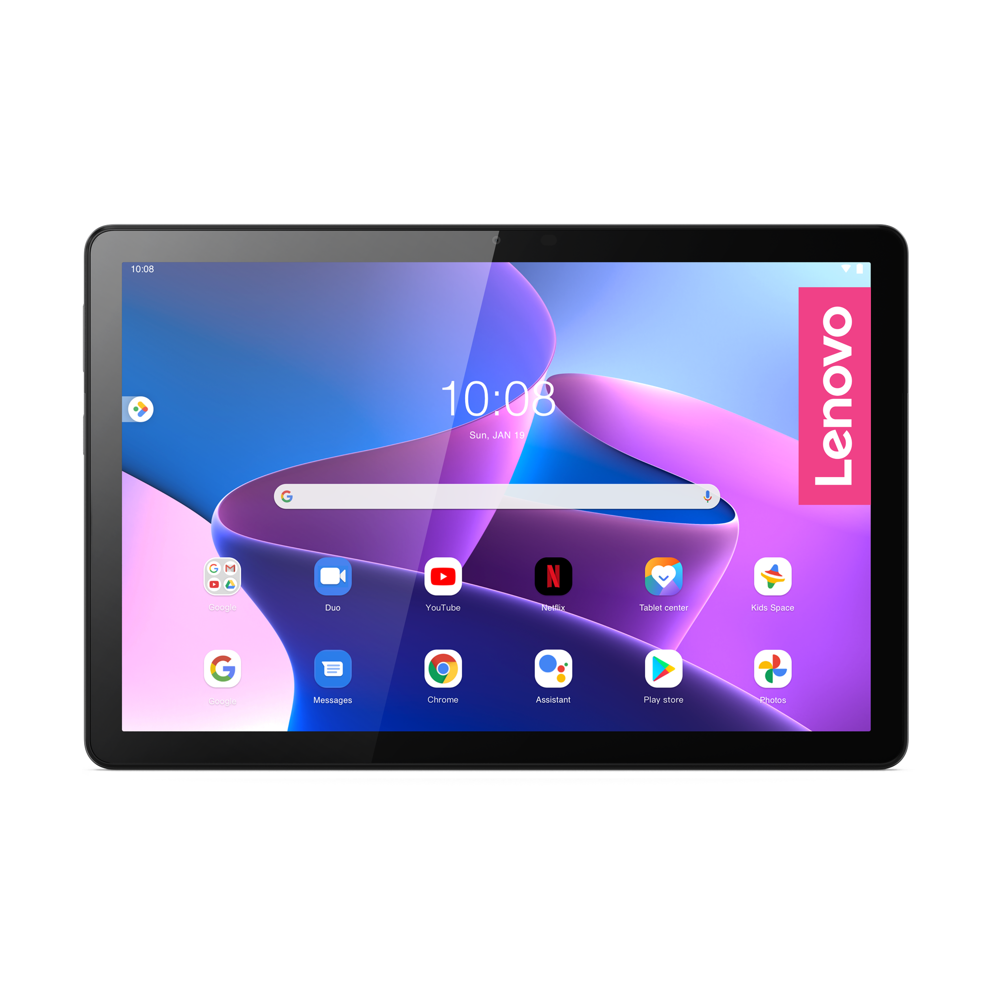 Schwarzes Tablet mit farbenfrohem Bildschirm, Lenovo-Logo und verschiedenen App-Symbolen.