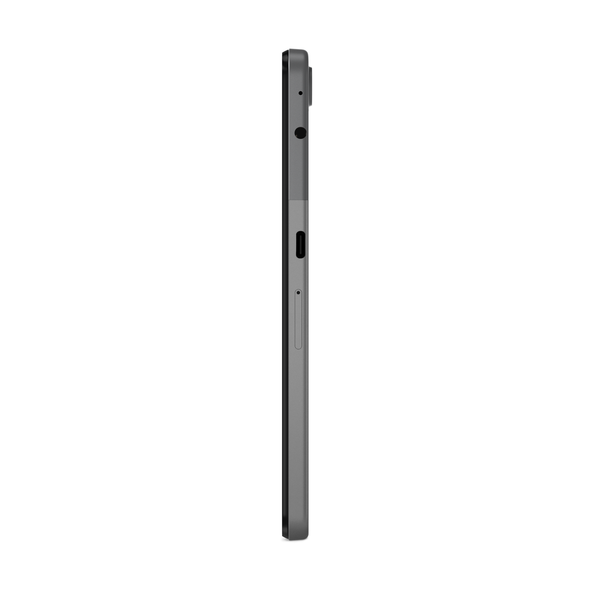 Seitenansicht eines grauen Tablets, mit sichtbaren Knöpfen und einem Ladeanschluss.