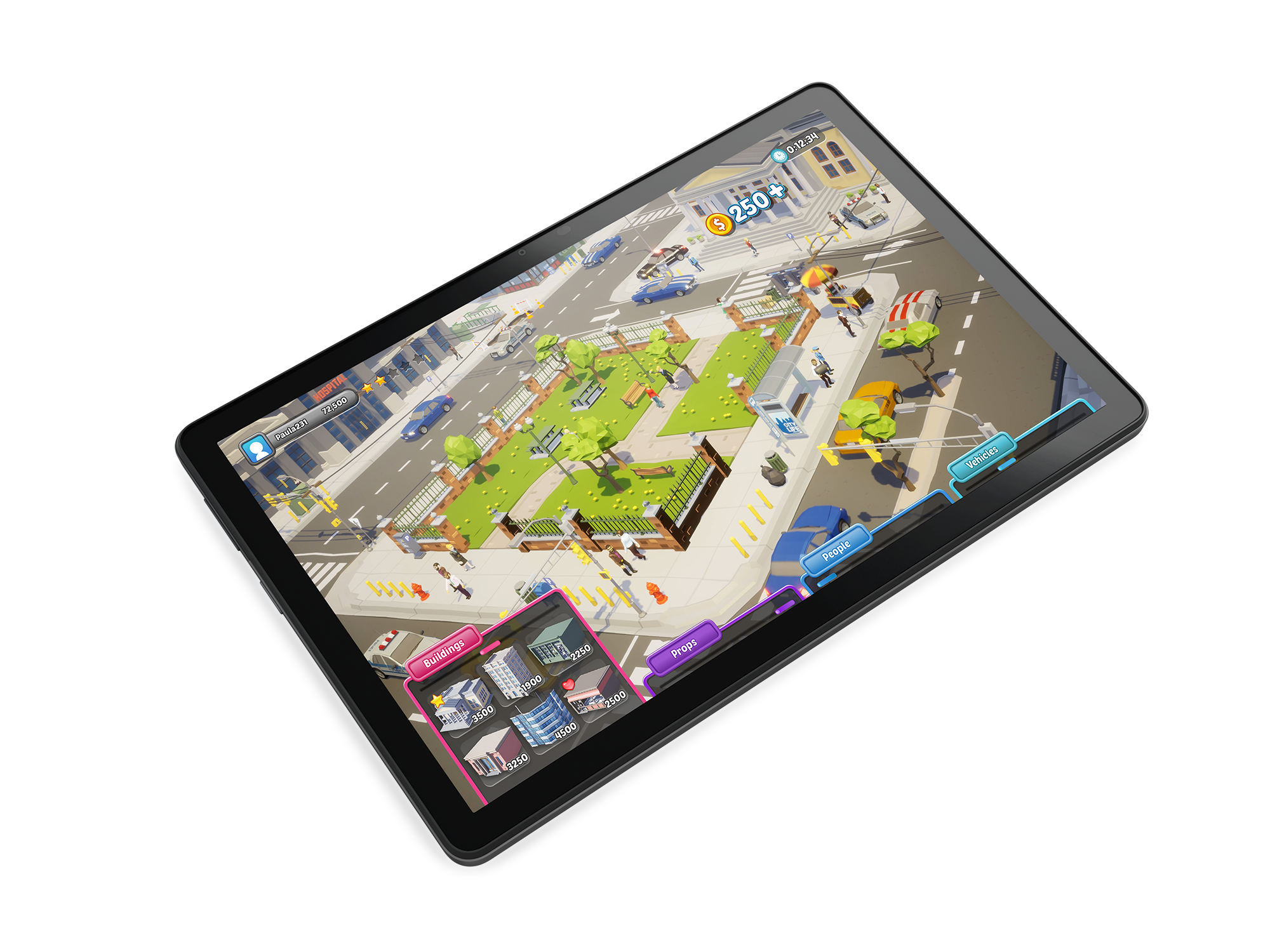 Tablet-Bildschirm mit einem Städtebauspiel. Schwarzer Hintergrund.