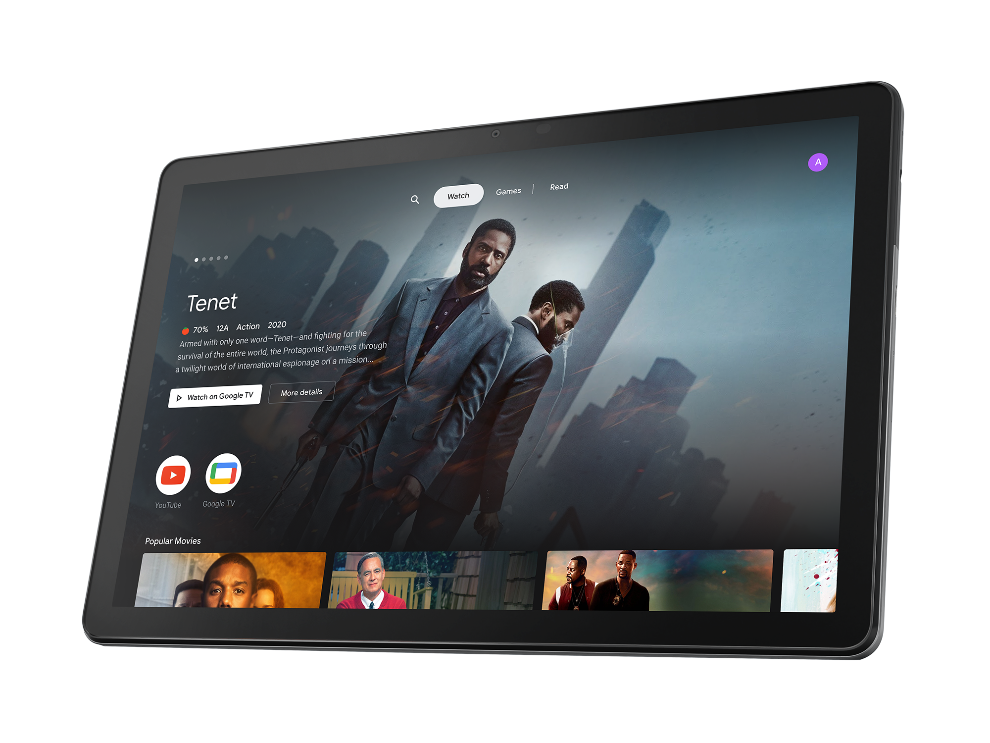 Tablet zeigt einen Filmauswahlschirm, mit schwarzem Hintergrund.