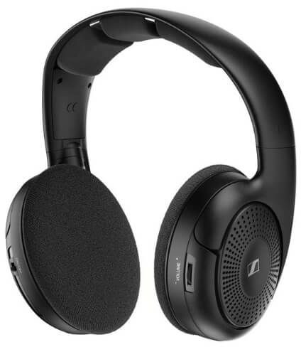 Black over-ear headphones with volume and power buttons on a white backdrop.