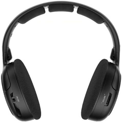 Black headphones, side view, with ear cups and headband.