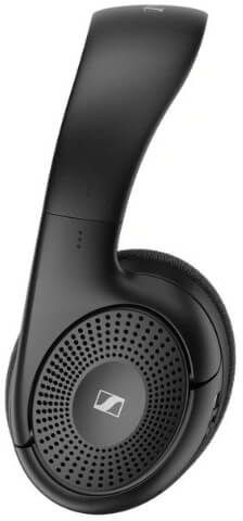 Black headset, side view, with the brand name and a speaker grill.