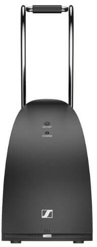 Black Sennheiser charging station with two upright handles.