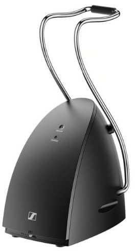 A black charging base with a curved metal handle, angled from the side.