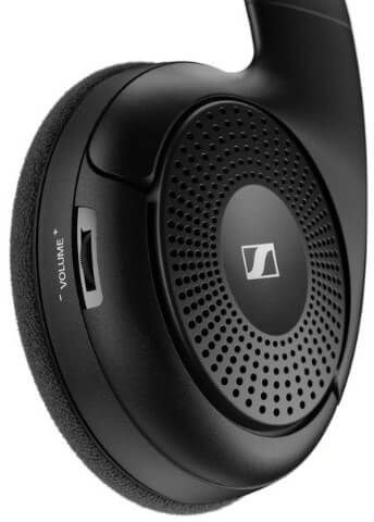 A close-up of a black Sennheiser wireless headphone.