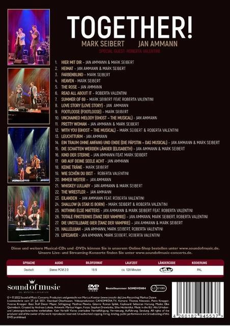 Rückseite einer DVD-Hülle mit Liedern, Künstlern und Details der DVD.