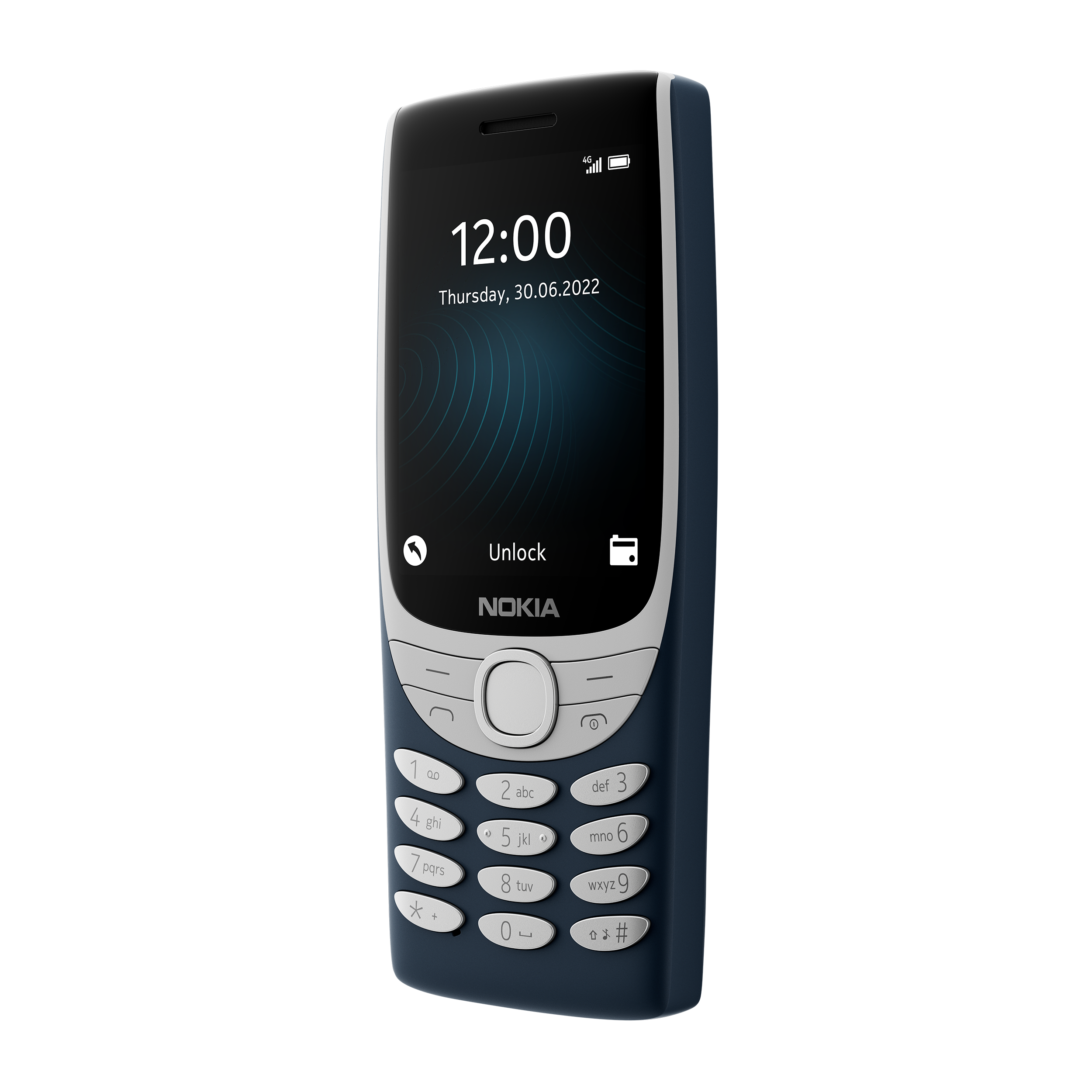 Ein dunkelblaues Nokia-Telefon mit einem Bildschirm, der die Uhrzeit anzeigt.