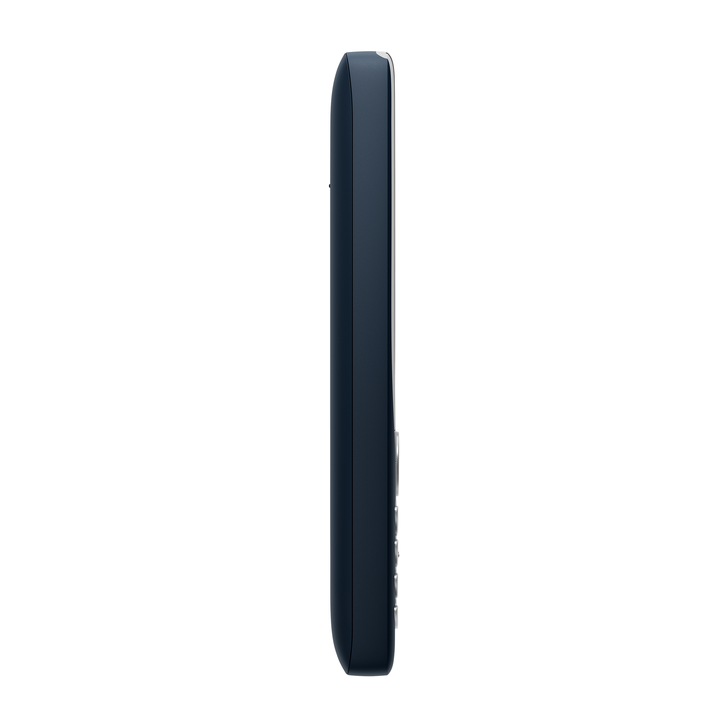 Seitenansicht eines dunkelblauen Telefons. Das Telefon befindet sich vor einem schwarzen Hintergrund.