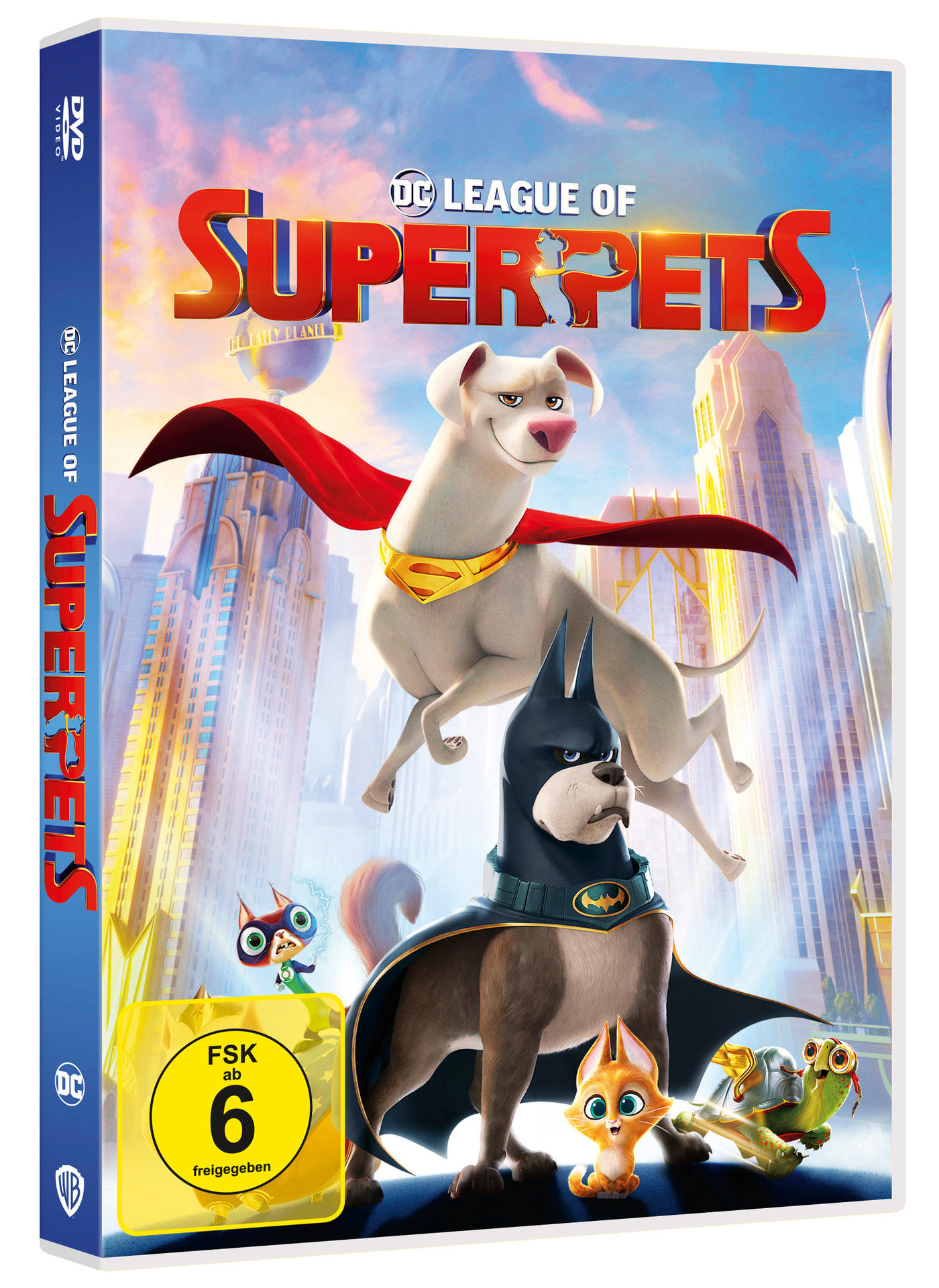 DVD-Cover für 'DC League of Super-Pets' mit Cartoon-Figuren und einem lebendigen Hintergrund.