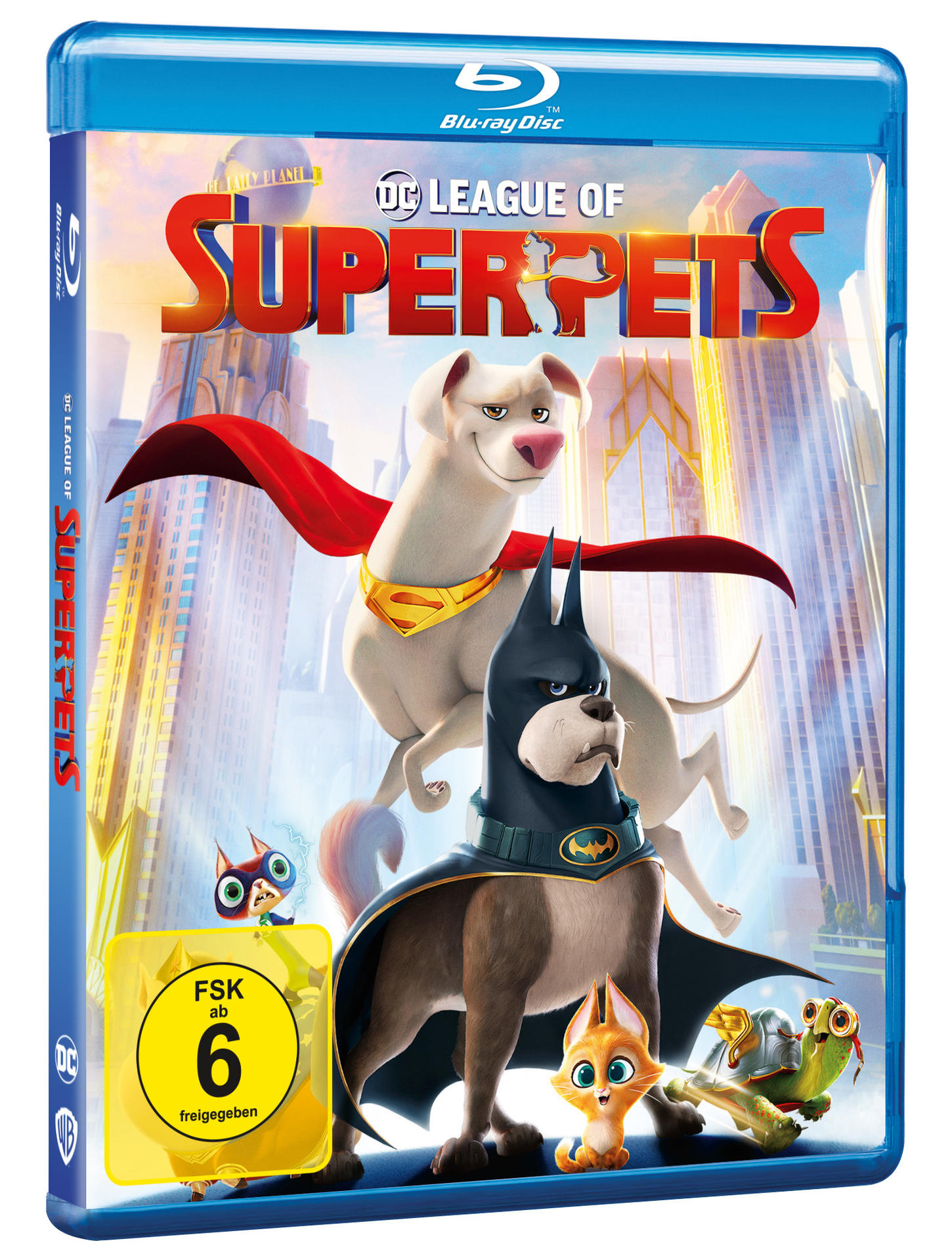 Cover für die Blu-ray Disc 'DC League of Super-Pets' mit animierten Hundefiguren.