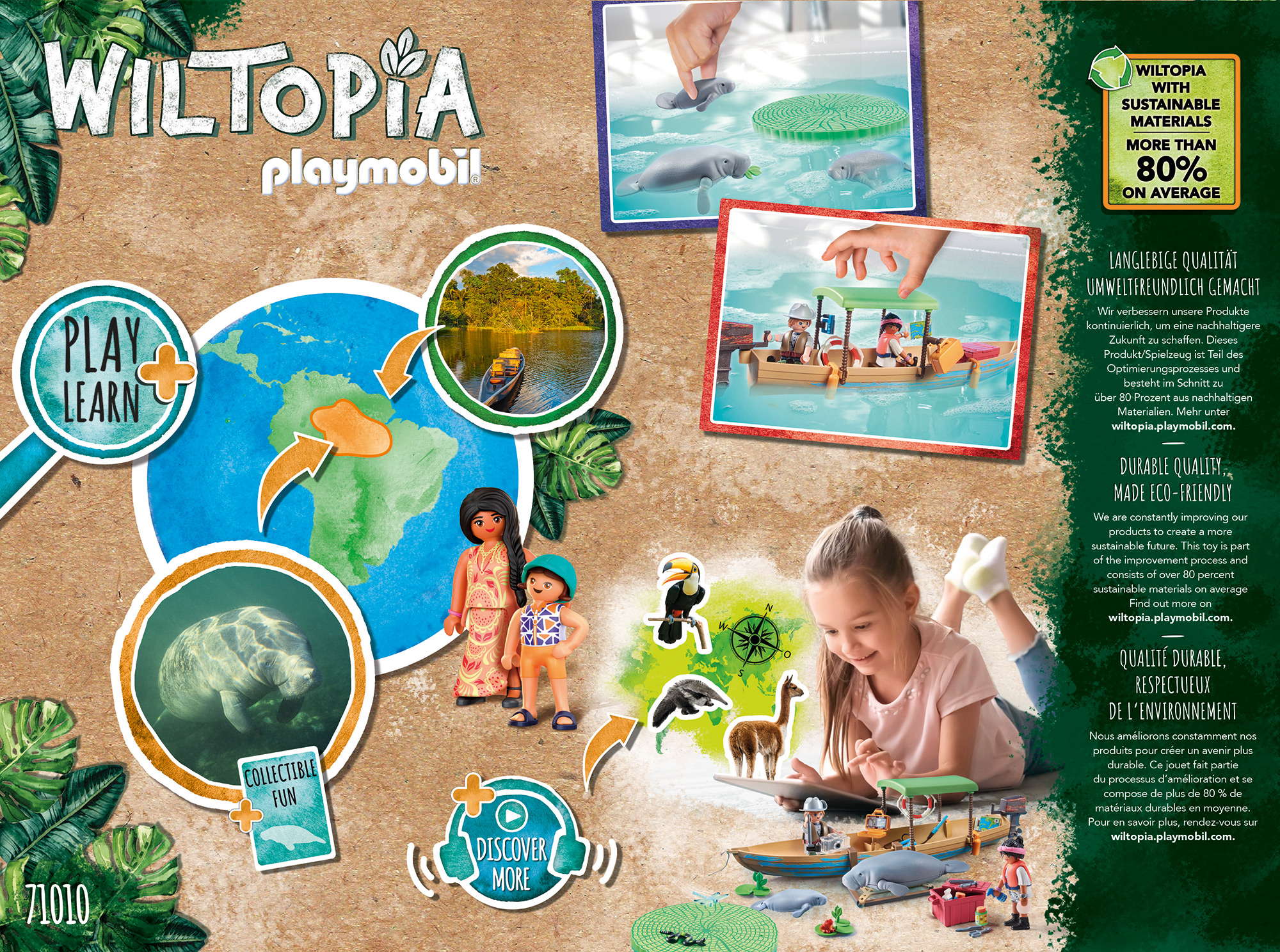 Playmobil Wiltopia Set. Mädchen betrachtet das Set. Bilder von Tieren, einem Boot und einem See.