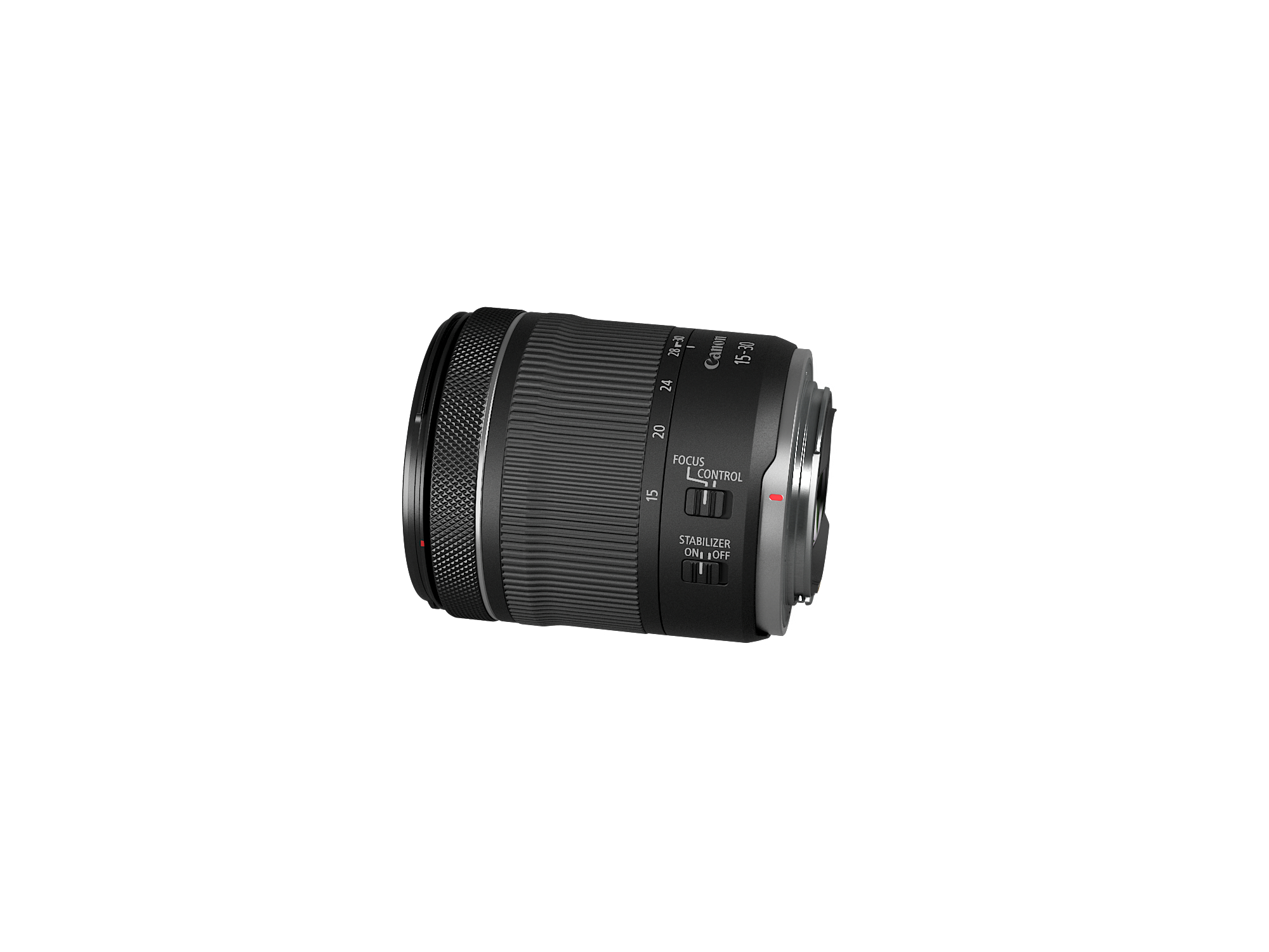 Canon Objektiv, schwarz, weißer Hintergrund, Seitenansicht.