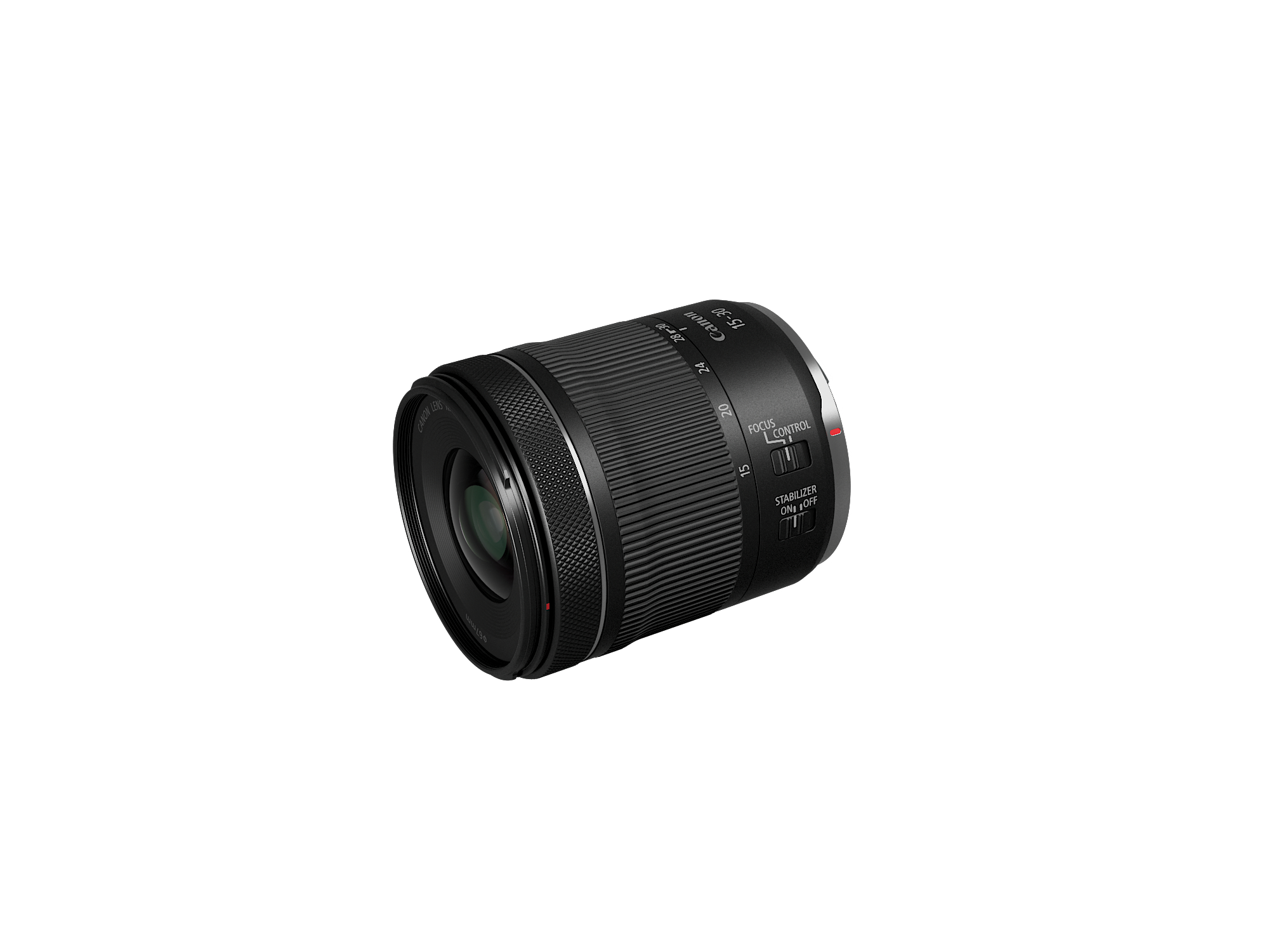 Canon-Objektiv isoliert auf Weiß. Schwarz mit Einstellringen. Markiert mit 24-105mm, Fokus- und Steuerungseinstellungen.