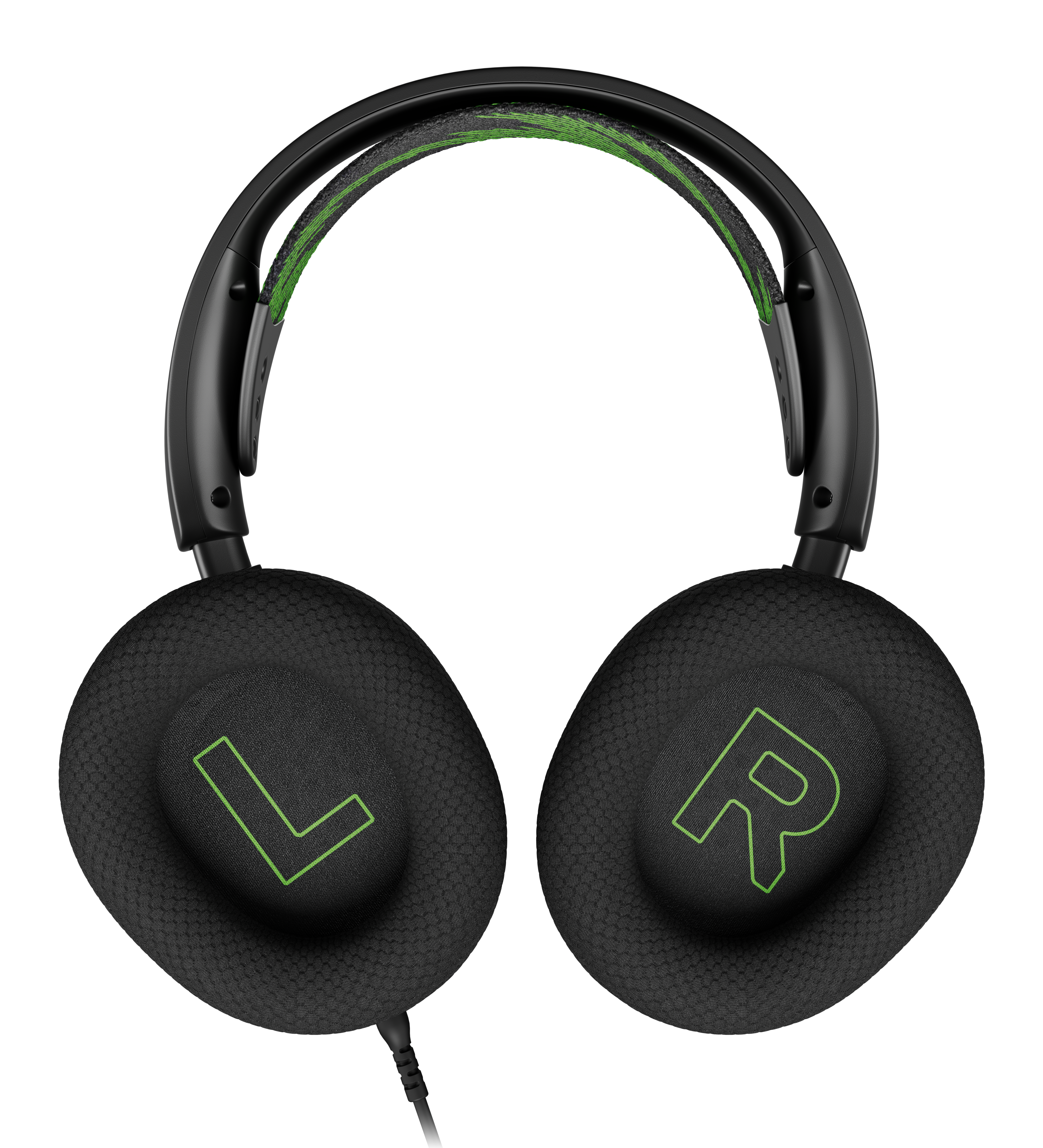 Schwarzes Gaming-Headset mit grünen Akzenten und den Buchstaben 'L' und 'R'.