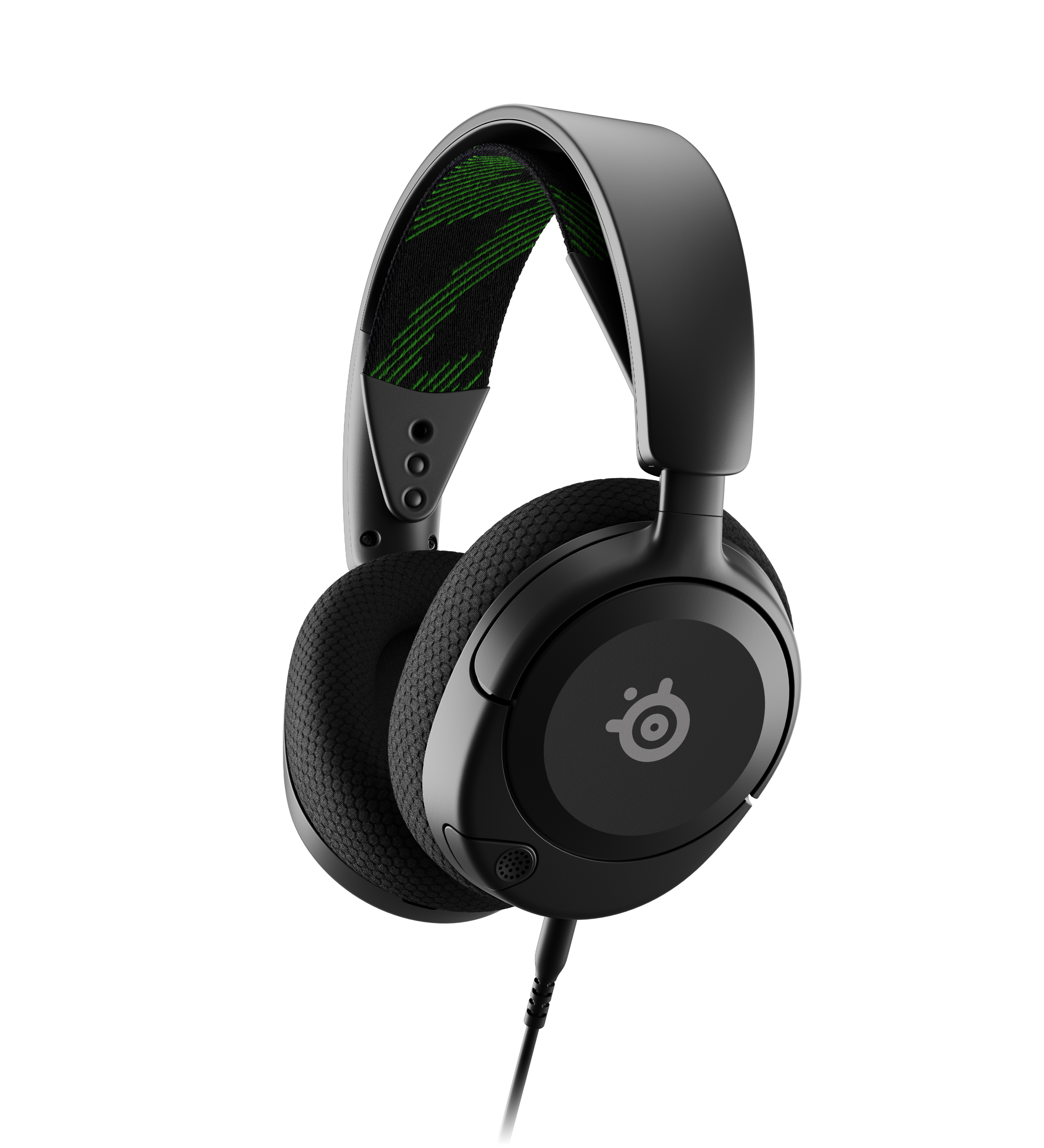 Schwarzes Headset mit grünen Akzenten am Kopfbügel, Kabel geht nach unten. Weißer Hintergrund.