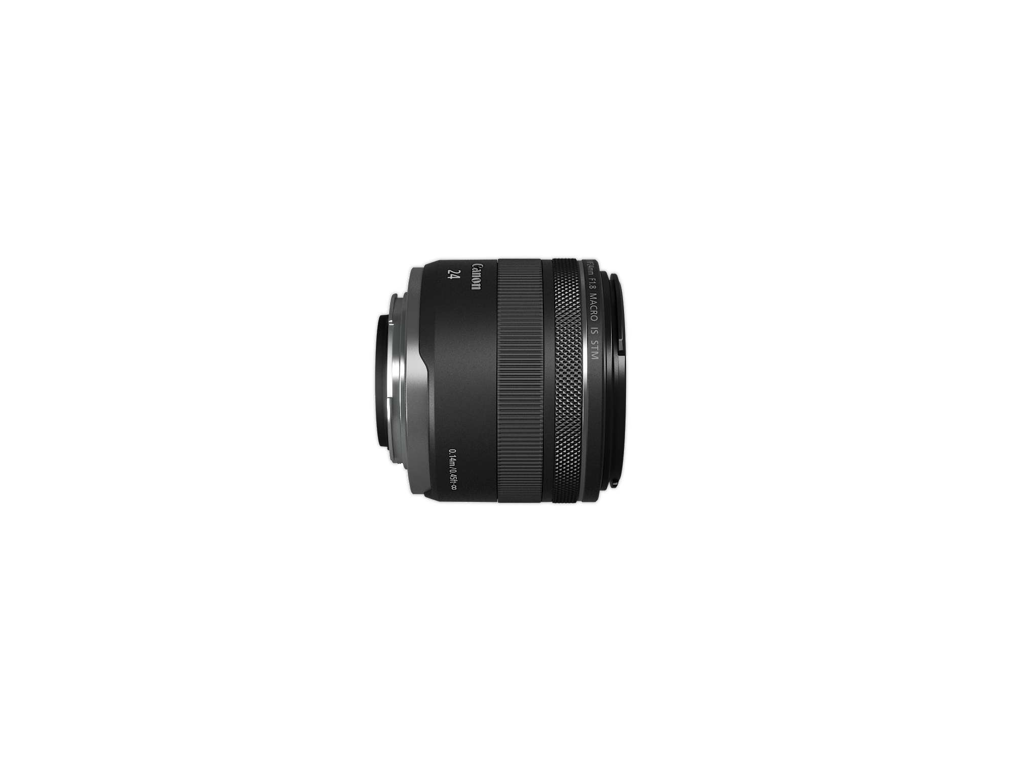 Canon-Objektiv auf Weiß. Schwarz, Seitenansicht. Markiert mit 24mm, Makro, Kontrollringe sichtbar. Isoliert.