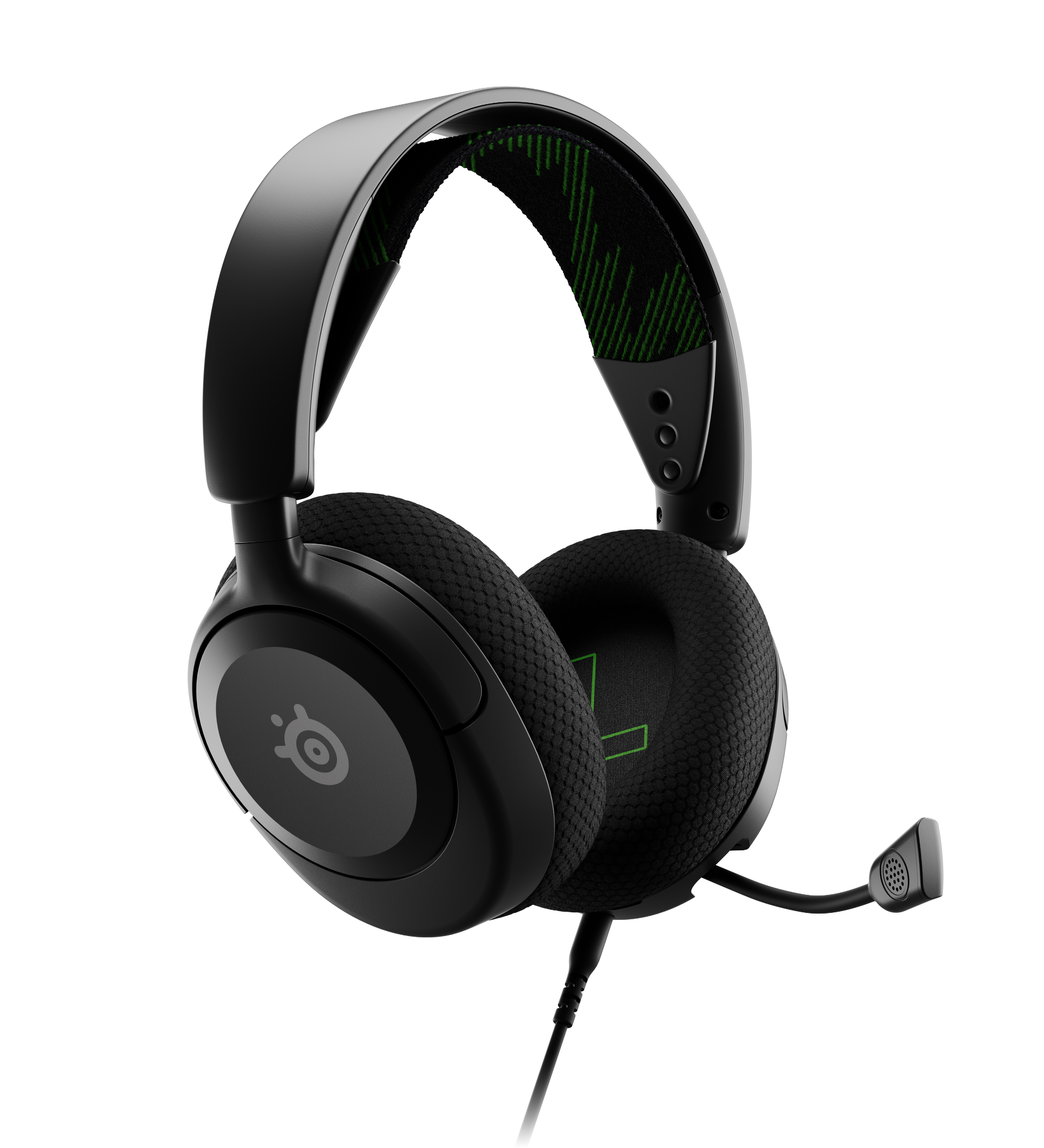 Schwarzes Gaming-Headset mit Mikrofon. Es hat grüne Akzente am Kopfbügel und an den Ohrmuscheln. Der Hintergrund ist weiß.