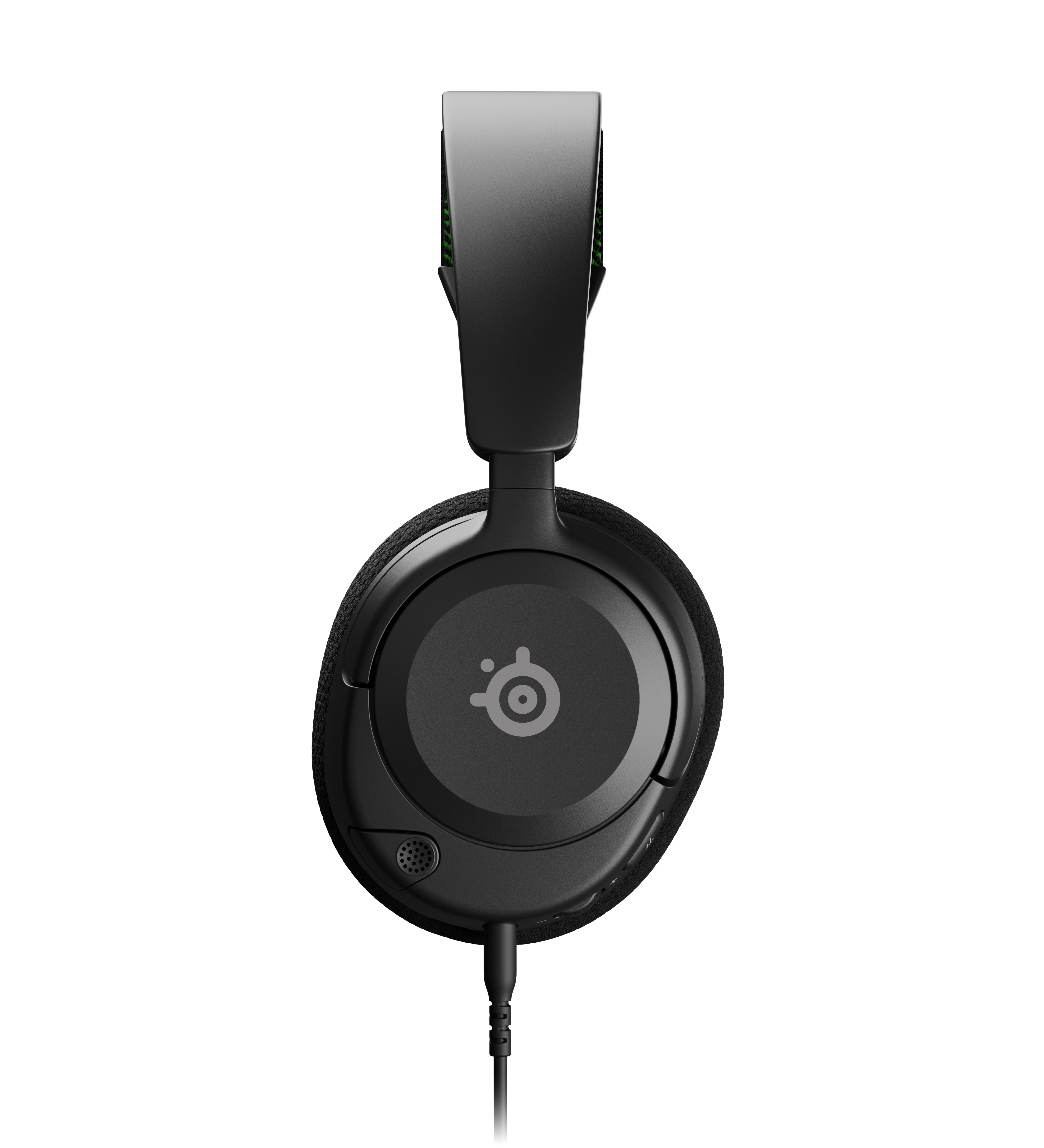 Ein schwarzes Gaming-Headset auf schwarzem Hintergrund. Das Headset hat ein silbernes Band und die Ohrmuscheln das Markenlogo.