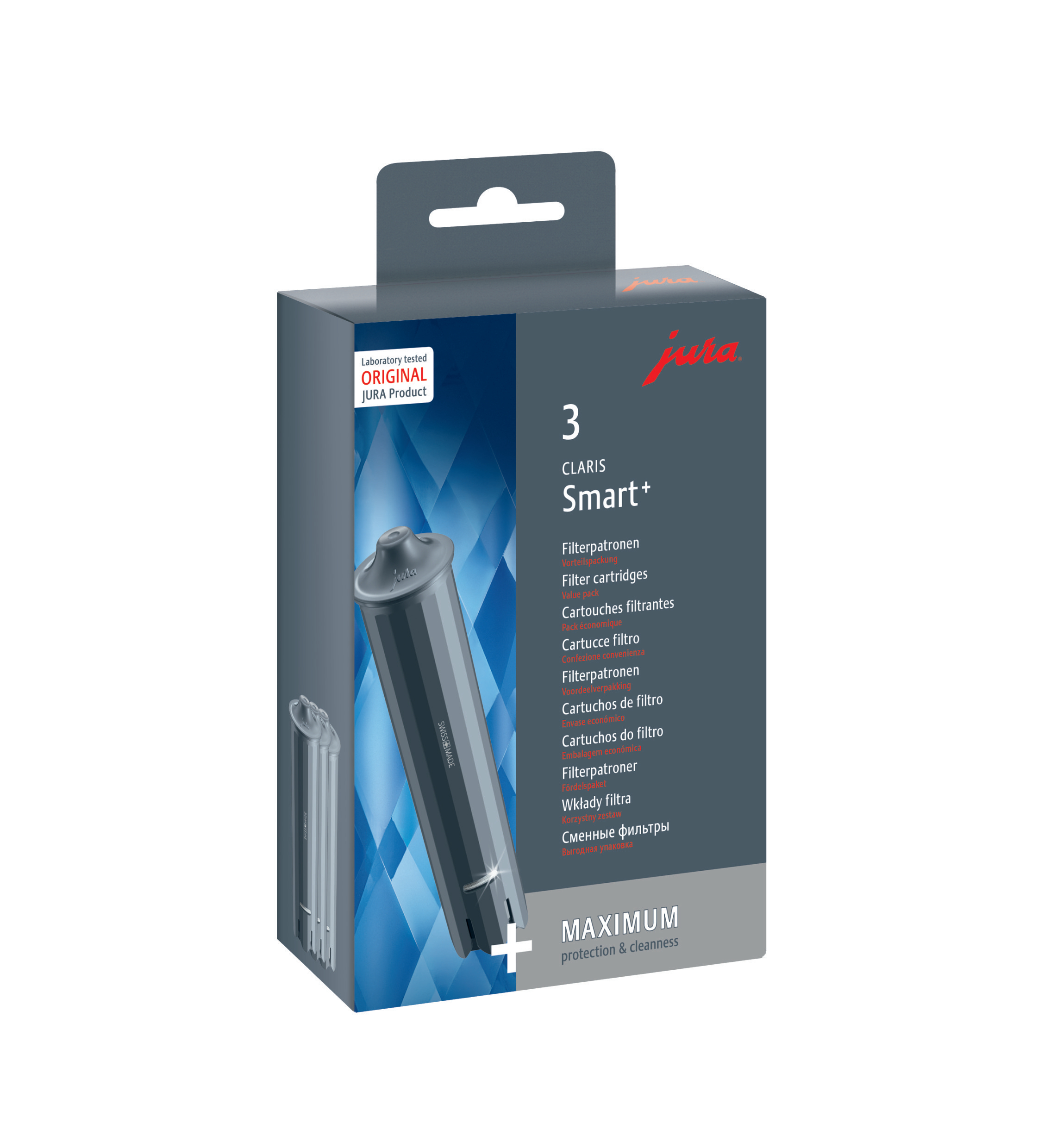 Schachtel mit Jura Smart+ Filterpatronen. Schachtel ist grau/weiß mit Produktinfo und Filter.