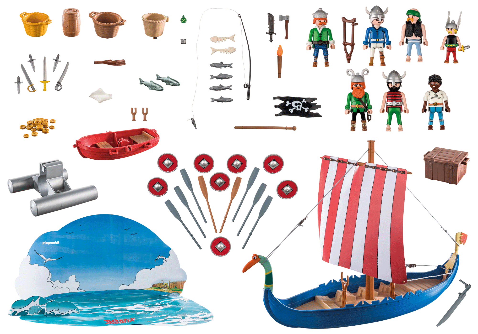 Eine Sammlung von Spielzeug-Wikingerfiguren, Boot und Zubehör.