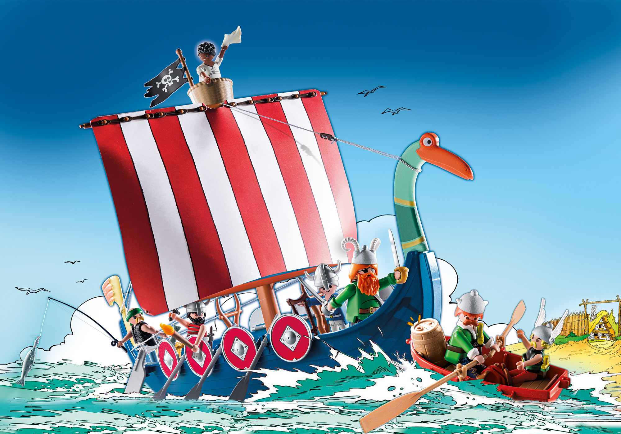Ein Spielzeug-Wikingerschiff segelt auf dem Wasser. Mehrere Spielfiguren befinden sich auf und um das Schiff.