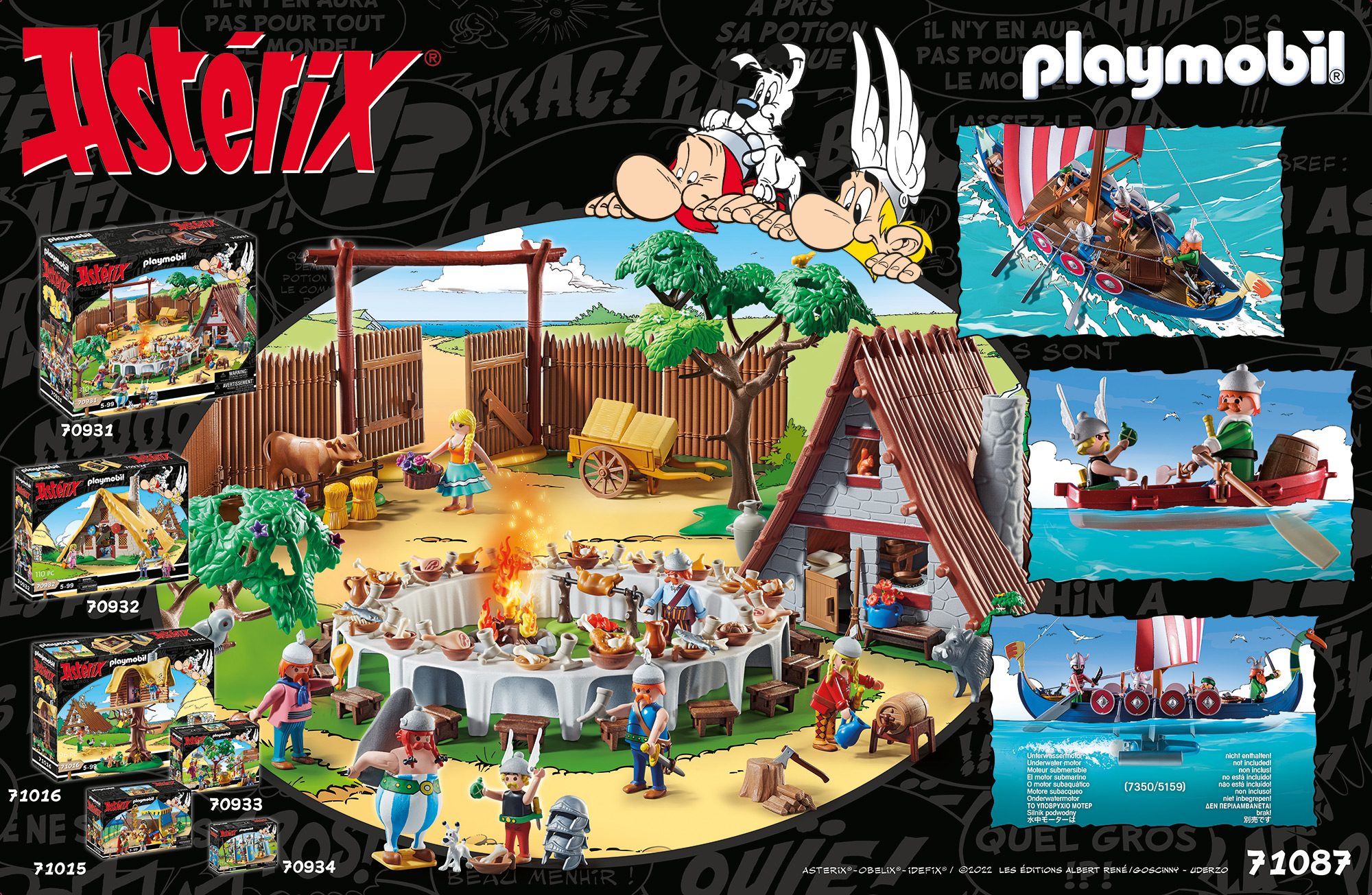 Playmobil-Display mit Asterix-Figuren, -Umgebungen und Spielzeugboxen.