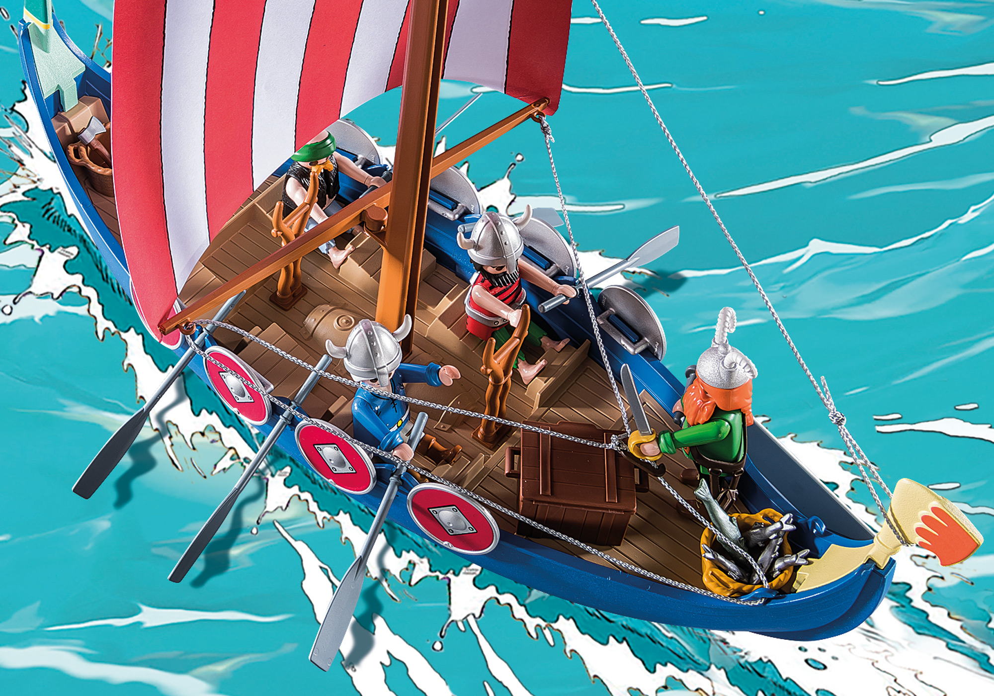 Wikinger-Schiff Spielzeug segelt auf Wasser, Figuren und rotes und weißes Segel.