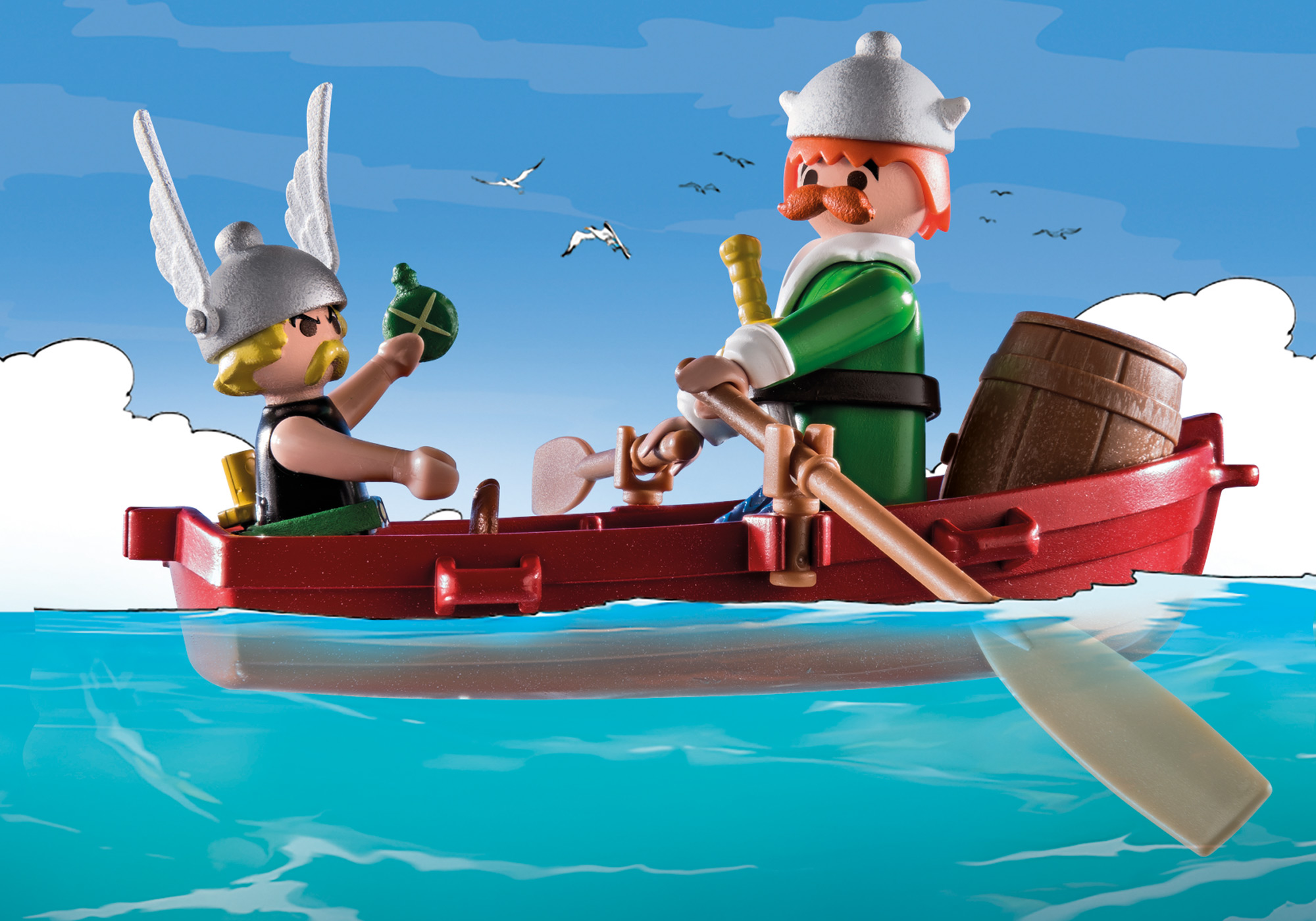 Playmobil-Wikinger in einem roten Boot auf blauem Meer. Einer hält einen grünen Gegenstand, der andere rudert.