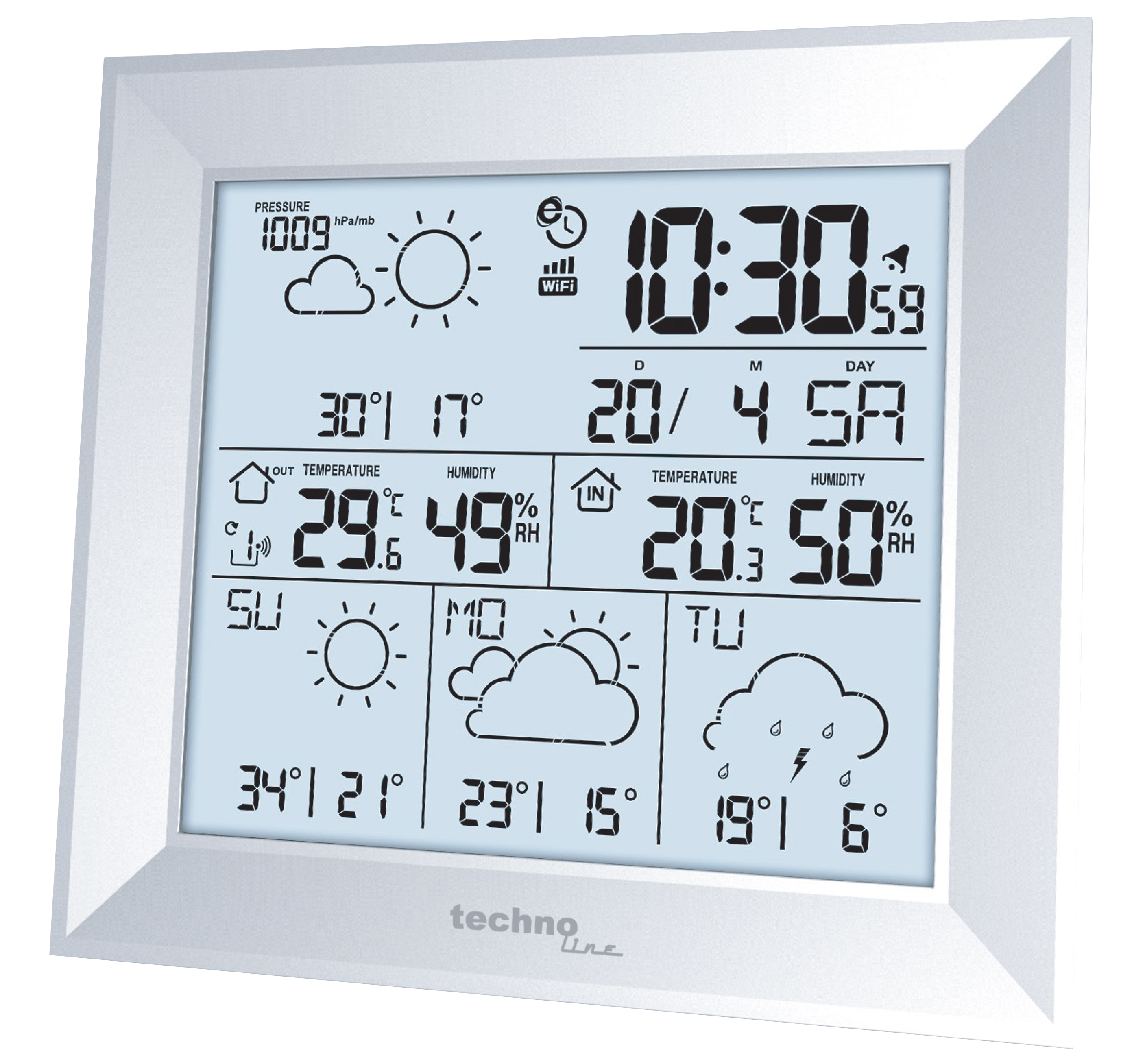 Wetterstation mit weißem Rahmen, die Zeit, Datum und Wettersymbole anzeigt.