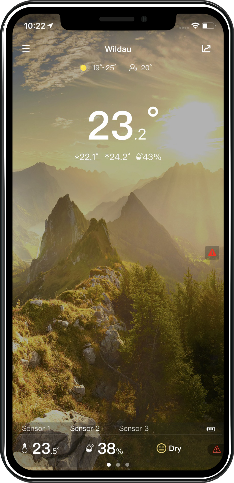Smartphone mit Wetter-App, Berglanschaft und Temperaturdetails.