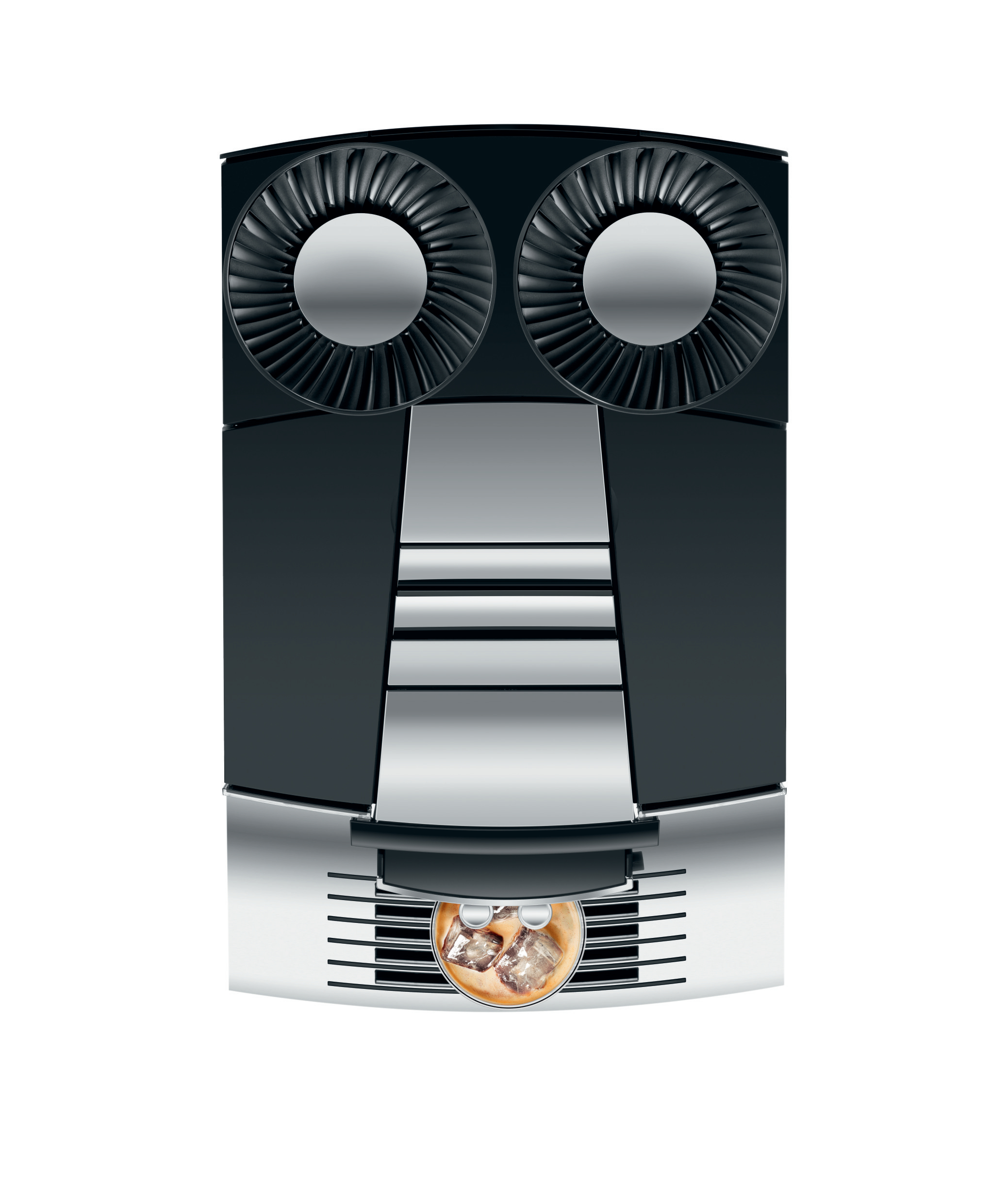 Eine schwarze Kaffeemaschine mit zwei kreisförmigen Belüftungsöffnungen oben und einem Glasbehälter.