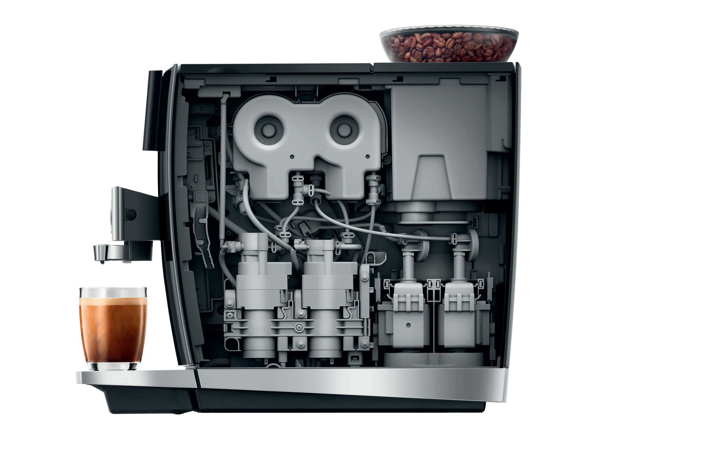 Querschnitt einer Kaffeemaschine, der interne Mechanismen, Kaffeebohnen und eine Tasse Kaffee zeigt.